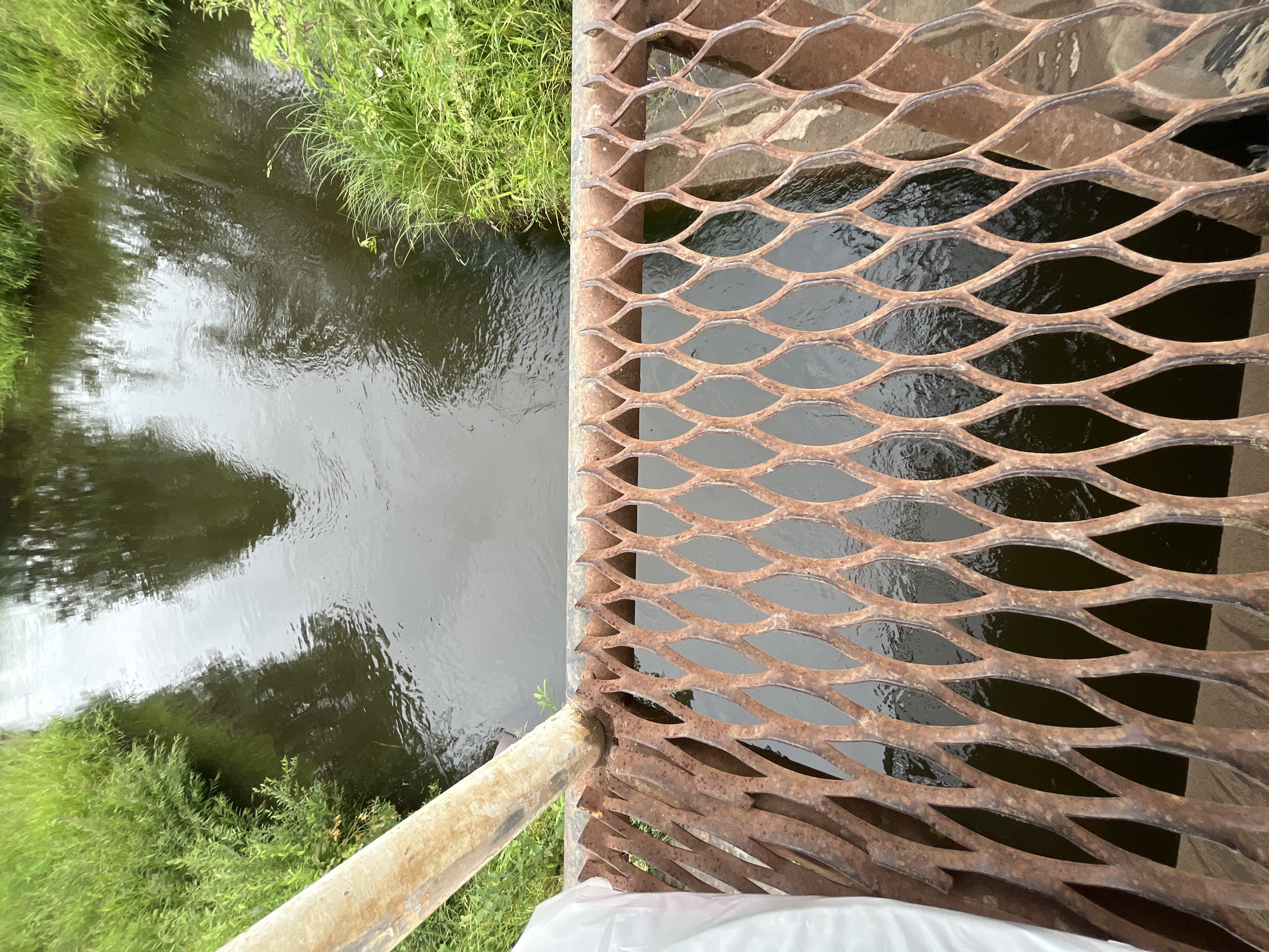 The image shows a view from a rusty metal grate, possibly part of a bridge or walkway, looking down at a narrow, dark-colored river with lush green vegetation growing along its banks. The water reflects the overcast sky and the surrounding trees. The grate has an open, diamond-shaped pattern that allows a clear view of the water below. A light-colored, possibly plastic or fabric, object is partially visible on the left side of the grate, near a metal support post. The scene appears to be in a natural outdoor setting, likely in a park or rural area. The specific location in the city of Уральское, Russia is not discernible from the visual information provided.