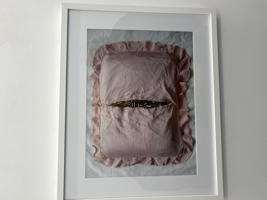 A framed photographic artwork is mounted on a plain, light-colored wall in an interior setting. The artwork, enclosed by a white rectangular frame and a white mat, portrays a horizontally oriented light pink pillow with ruffled edges. A prominent vertical slit in the center of the pillow reveals its contents: a dense collection of brass-colored bullet casings. The pillow fabric exhibits minor wrinkling. No people, discernible actions, or interactions are visible in the overall scene. The precise location within the city of Paris, France, cannot be identified from the provided image.