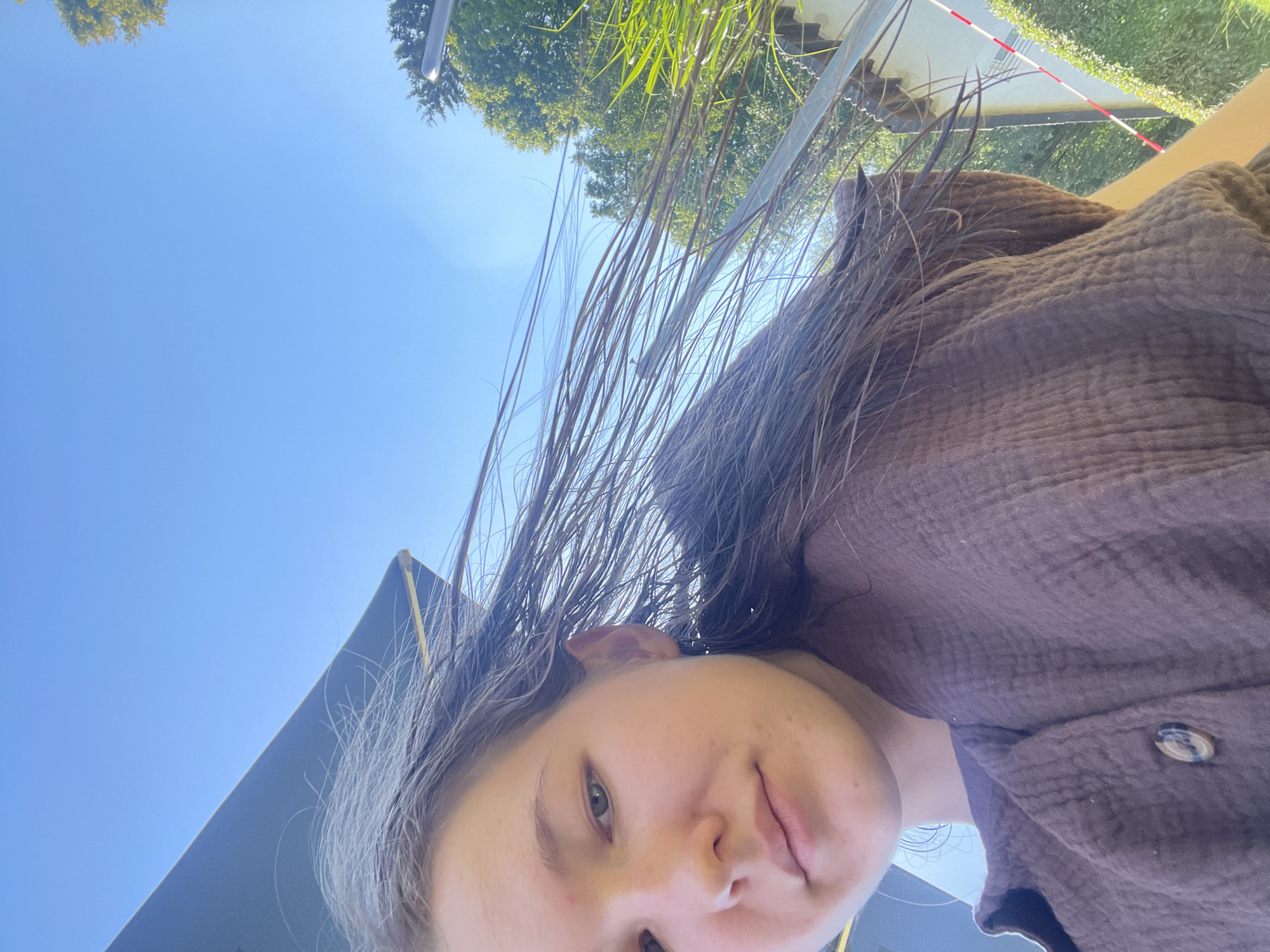 The media file is a selfie taken outdoors, likely in Nidda, Germany, on a clear, sunny day. The subject is a young person with light skin, a smattering of freckles across their nose and cheeks, and light brown hair that appears damp and is being blown by the wind. They are looking towards the camera with a slight smile. The person is wearing a brown, textured button-up shirt.
The background is dominated by a bright blue sky. In the upper portion of the image, green trees and foliage are visible, suggesting a natural or park-like setting. A reflective surface, possibly a pane of glass or metal, is partially visible, casting a faint glare. There are also some metallic poles and a red and white striped pole in the background, which could indicate a fence or boundary. The sunlight suggests it is daytime, likely mid-morning to late afternoon, given the brightness and clear sky. The wind is evident from the way the subject's hair is being tossed. There is no visible text in the image.