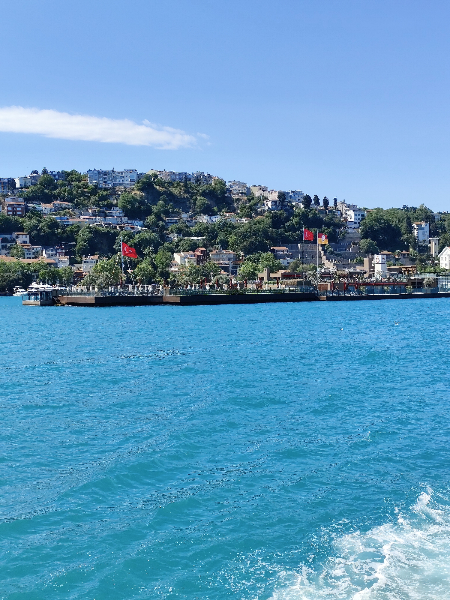 The image depicts a waterfront scene in Beşiktaş, Turkey, characterized by a vibrant turquoise sea occupying most of the frame. In the midground, a rectangular pier extends along the shoreline, hosting a structure with a canopy of evenly spaced, white shades. Two flags, one Turkish and the other possibly a local banner, fly prominently from the structure. The pier is populated by numerous individuals; their activities are not clearly discernible but suggest leisure or dining. The background features a hillside densely covered with trees and various buildings, including houses and larger structures. The sky above is a clear blue, with a thin white cloud. The camera's perspective appears to be from a boat, as evidenced by the white wake in the foreground, giving the impression of a maritime viewpoint.
