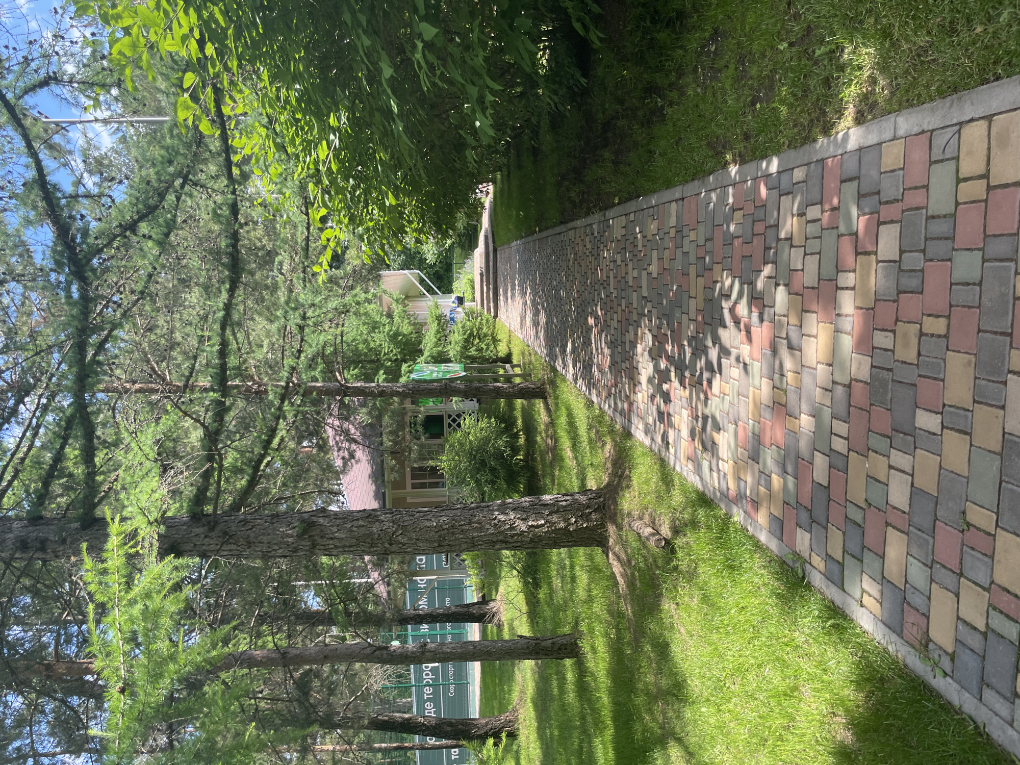The image shows a paved pathway made of colorful interlocking bricks in a park-like setting. Tall pine trees with green foliage line the left side of the pathway, casting dappled shadows on the bricks. To the right, there is a dense hedge of green leaves. In the background, a light-colored building with a brown roof and a white porch is visible amongst the trees. A green fence and some signs are also present in the distance. The ground is covered with green grass. The scene suggests an outdoor recreational area, possibly a park or resort, within Izhevsk, Russia. There are no people visible in the image.