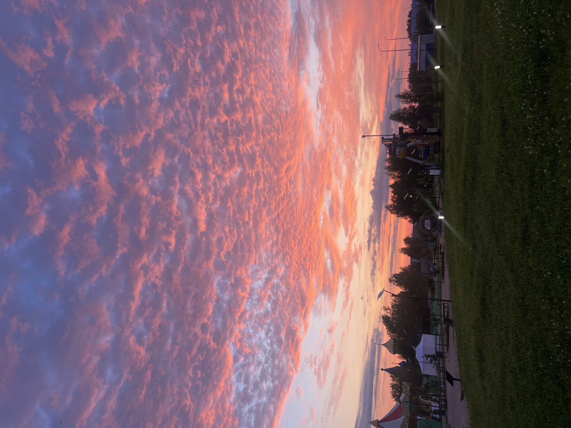 This is a wide shot of a park area in Gubakha, Russia, at sunset. The sky is filled with dramatic clouds, predominantly pink and purple hues, indicating the sun is low on the horizon. In the foreground, there is a lush green lawn with scattered white wildflowers. Beyond the lawn, a paved area is visible with several park benches and what appears to be a small amusement park setup. There is a circus-like tent on the far left, a Ferris wheel-like structure in the mid-right, and other rides or attractions that are partially obscured by trees and distance. A few lampposts are also visible, some illuminated. In the background, a line of trees separates the park from a low-rise industrial or residential building and streetlights. There are no people visible in the image.