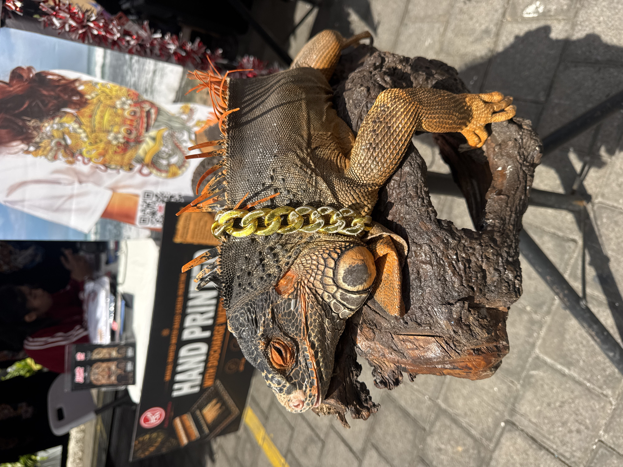 An iguana with an orange and black patterned skin and a golden chain necklace sits on a piece of driftwood. The iguana is positioned in the foreground, facing left. In the background, a sign reads "HAND PRINTED" and displays graphics of apparel. Behind the sign, a person wearing a red shirt and another person are partially visible. Further in the background, a large poster depicts a person wearing a white t-shirt with an elaborate golden graphic of a mythical creature. A body of water and the sky are visible behind the poster, suggesting an outdoor setting, possibly near a beach. The ground is paved with gray and yellow bricks. The overall scene appears to be an outdoor market stall in Kuta Selatan, Indonesia, likely selling merchandise like t-shirts or prints.