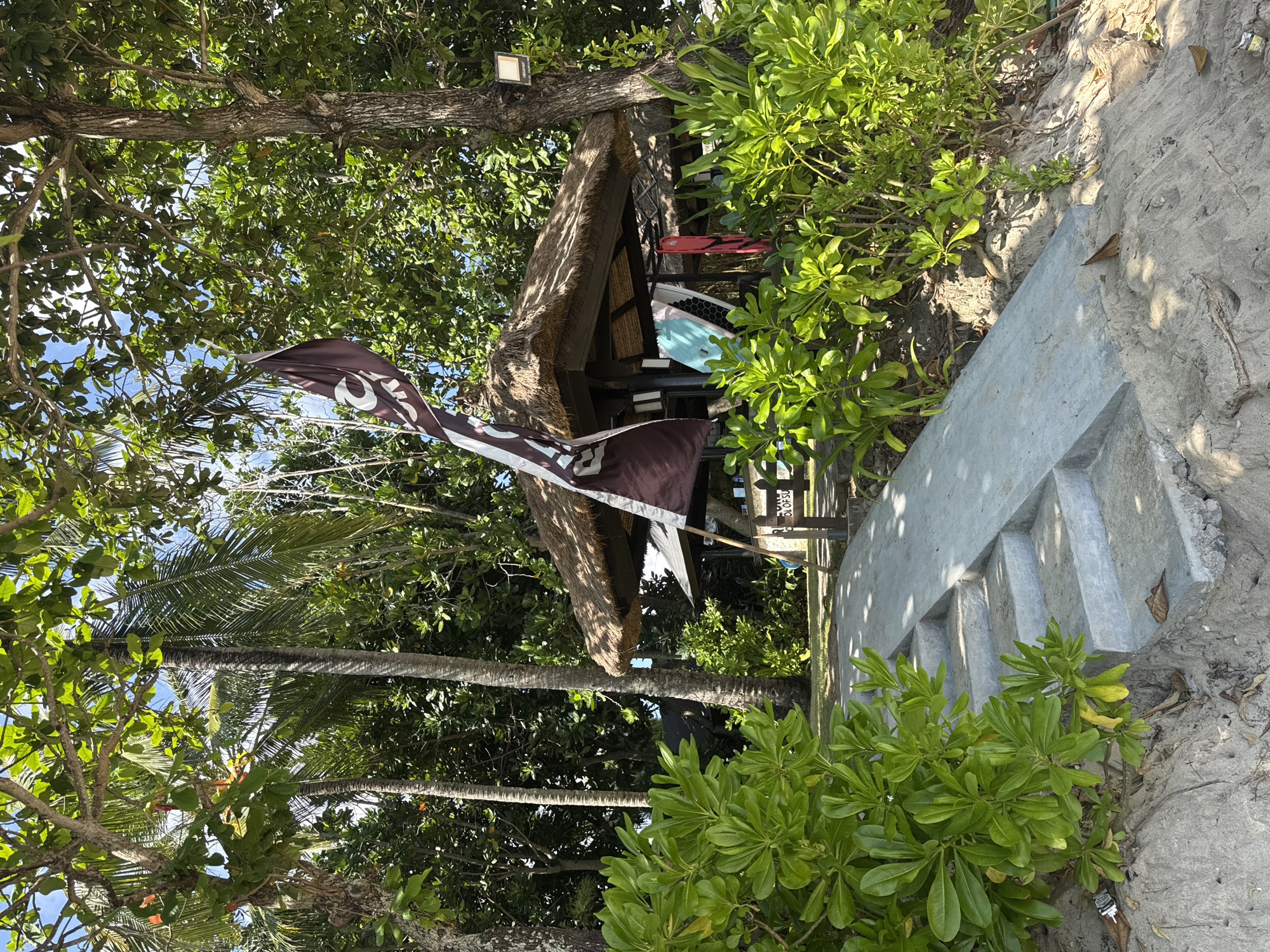 This image depicts a lush tropical scene, characteristic of a beachside area in Kuta Selatan, Indonesia. The setting is dominated by dense green foliage, featuring both broadleaf trees and tall palm trees, creating a vibrant canopy through which patches of clear blue sky are visible.
In the midground, a rustic hut with a steep, thatched roof is nestled amongst the trees. Leaning against the hut or a nearby railing are several surfboards, including a light blue one with a distinctive honeycomb pattern and a red one, suggesting a focus on water sports activities. A brown flag, bearing white stylized markings or text that is not fully legible due to its movement, flutters prominently from a pole near the hut.
The foreground features vibrant green broadleaf shrubs and sandy ground, strewn with a few dried leaves. To the right, concrete steps or a staircase ascend from the sandy path, partially illuminated by the sunlight filtering through the trees. A small, square light fixture or sensor is visible on a tree trunk near the hut.
The scene appears to be set during the daytime, with bright sunlight casting shadows and highlighting the rich greens of the vegetation. The weather seems clear and sunny. No people are present, contributing to a tranquil and serene atmosphere. Although there are faint characters on the flag and a small sign, no specific text is clearly discernible. The overall impression is one of a peaceful, tropical destination ideal for relaxation and outdoor recreation.