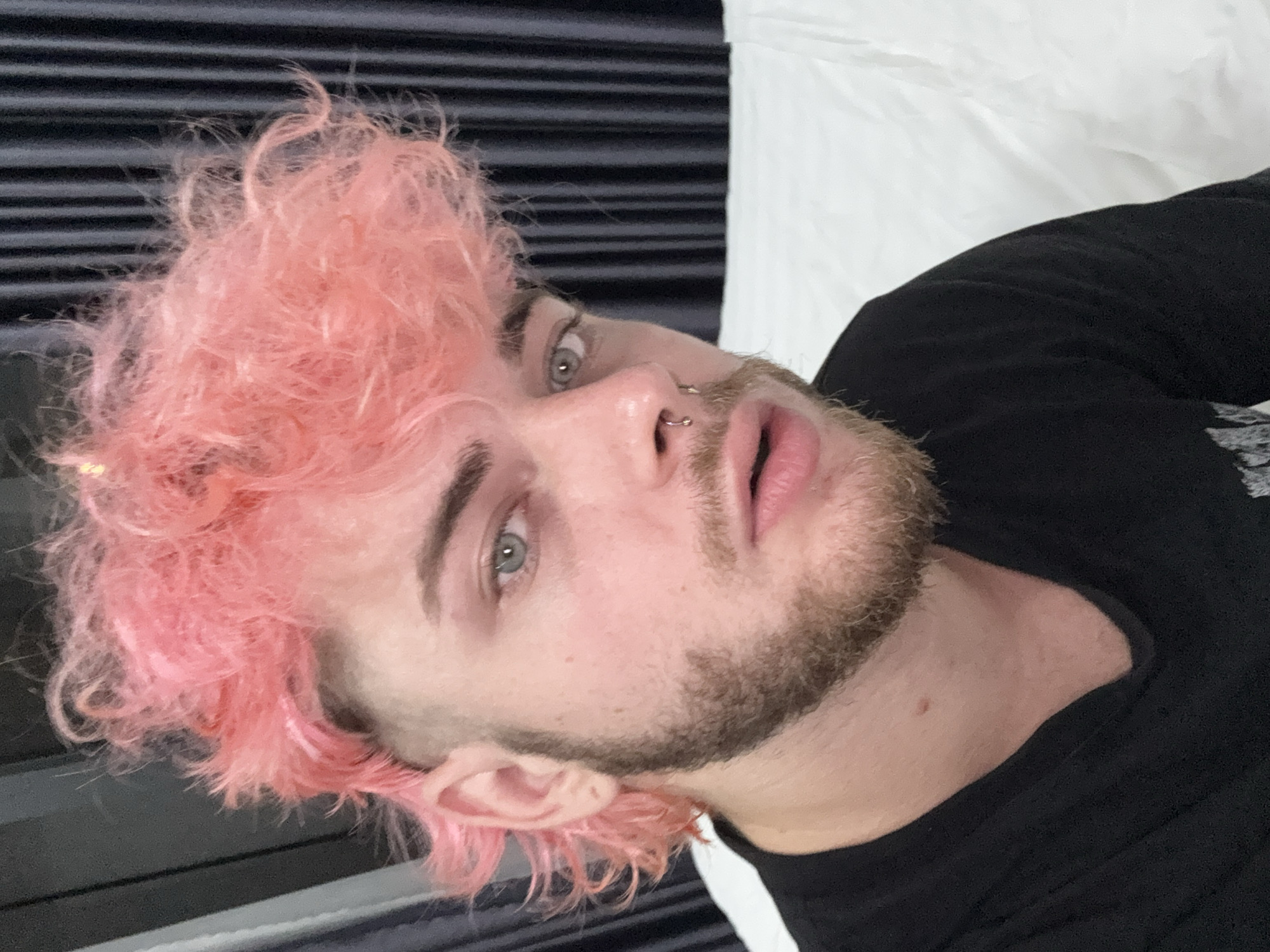 A close-up shot of a man with pink hair and a beard, facing the camera. He has a nose ring. He is wearing a black shirt. The background consists of what appears to be a horizontally striped pattern and a white object. There is no information within the image to indicate that this photo was taken in Đà Nẵng, Vietnam.