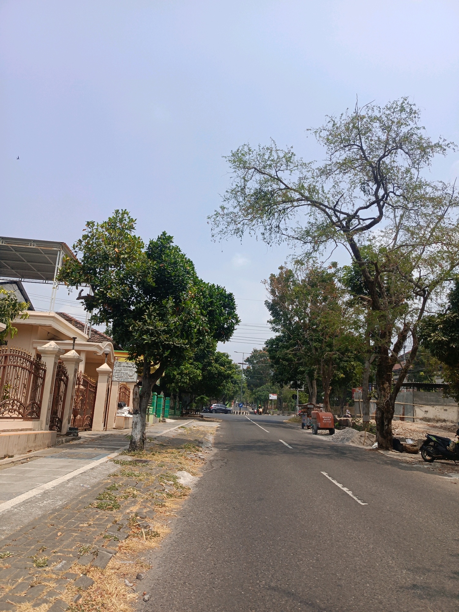 A street scene in Mangkujayan, Indonesia, under a clear blue sky. The image captures a paved road with a white dashed line marking the center. On the left side of the road, a sidewalk made of dark grey interlocking bricks is lined with dry grass and leaves. Beyond the sidewalk is a light-colored house with a decorative brown metal fence and a covered walkway. A large, leafy green tree stands prominently near the house. Further down the street, more trees line the roadside, creating a canopy effect. Several vehicles, including motorcycles and a small orange construction machine, are visible on the road and shoulder. In the distance, more buildings and trees suggest a suburban or semi-urban environment. The overall impression is a typical sunny day in an Indonesian town.