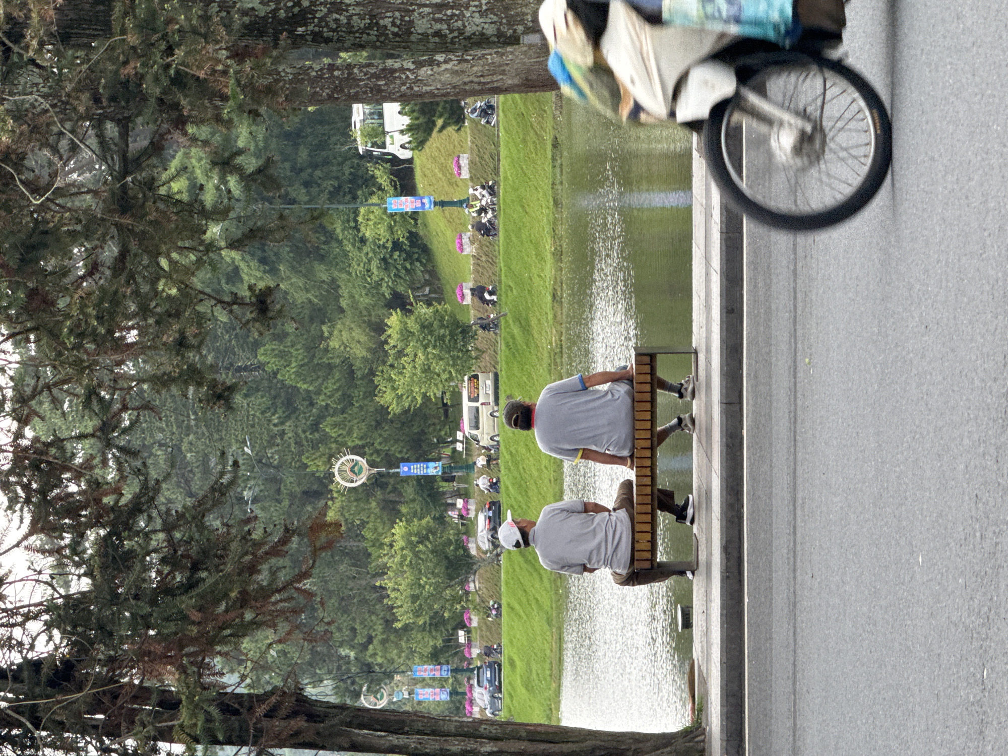 This image, taken in Da Lat, Vietnam, depicts an outdoor scene featuring two men resting by a body of water. The two men are seated on a wooden slatted bench, facing away from the camera, and appear to be observing the lake or pond in front of them. The man in the foreground is wearing a white cap, a light gray short-sleeved shirt, and brown pants, while the man behind him wears a dark gray short-sleeved shirt with a red trim.
To the right, a paved road stretches alongside the water, where the front wheel and part of the body of a scooter or moped are visible, indicating movement. Beyond the water, a green grassy bank is dotted with various trees and shrubs. In the background, several vehicles, including vans and motorbikes, are present. Decorative white, circular light fixtures on poles are spaced along the bank. Large, dark-foliaged trees frame the left side of the composition.
The scene takes place during the daytime, likely under an overcast sky, as suggested by the soft, diffused light and absence of strong shadows. The men appear relaxed, suggesting a calm and leisurely atmosphere. Visible text on blue signs in the background includes "DA LAT," "CAFE PHAP," and possibly "FESTIVAL HOA," providing specific location and event context, potentially hinting at the Da Lat Flower Festival.