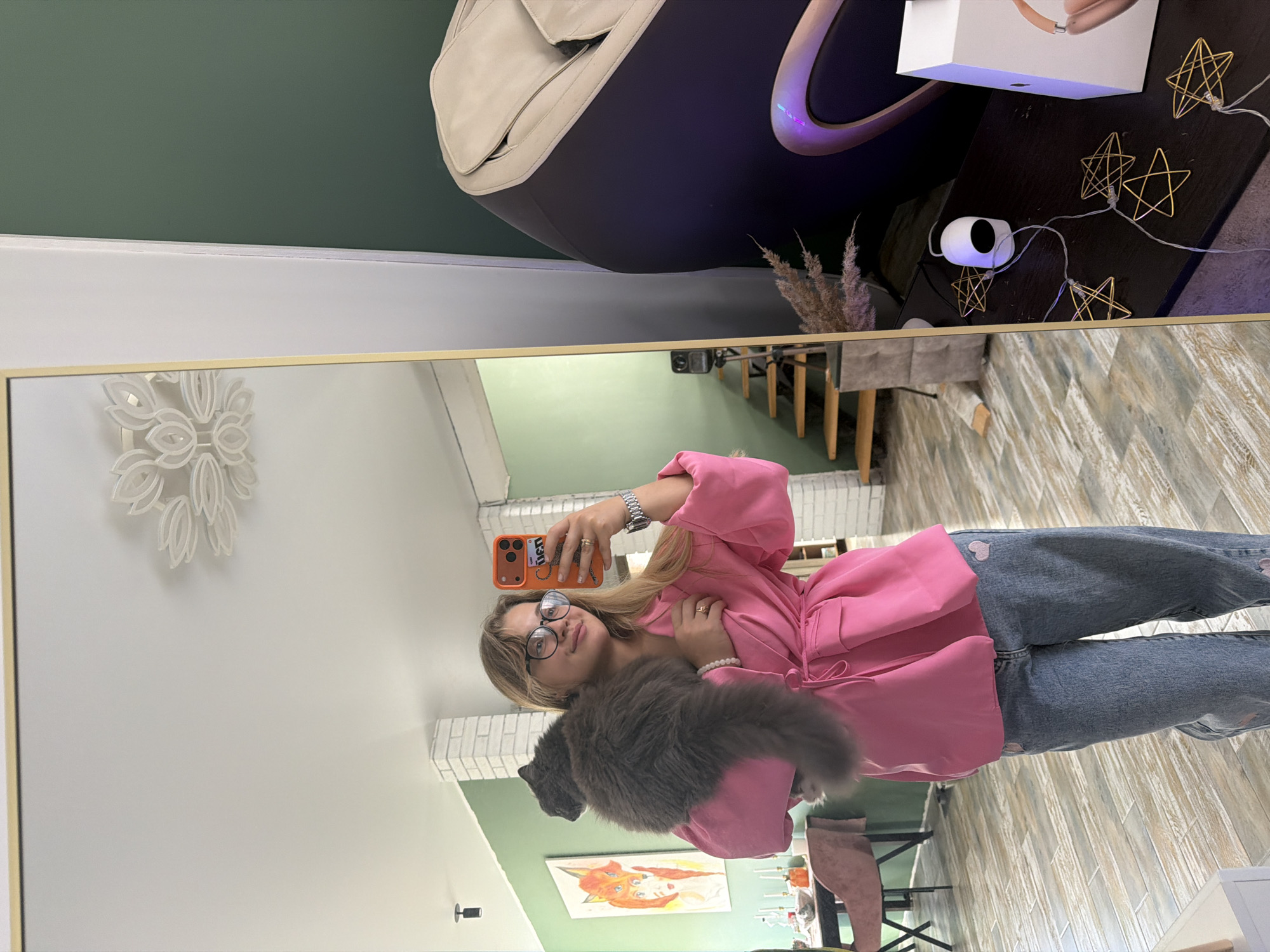 A full-length mirror reflects a woman taking a selfie with a gray cat. The woman is wearing jeans and a pink top. The reflection also shows part of a room, including furniture, wall decorations, and flooring. The location is Большая Шильна, Russia.