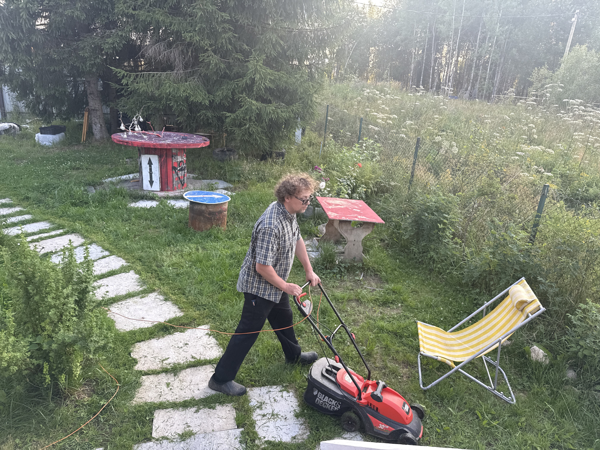 In an outdoor setting, a man with curly brown hair and glasses is pushing a red and black electric lawnmower through a grassy yard. He is wearing a plaid long-sleeved shirt and black pants. A yellow and white striped lounge chair is visible in the background. There is a stone pathway leading through the grass. In the distance, trees line the horizon. The scene appears to be a residential area, possibly in the city of Lyady, Russia, given the context. The time of day appears to be late afternoon or early evening, with soft sunlight filtering through the trees.