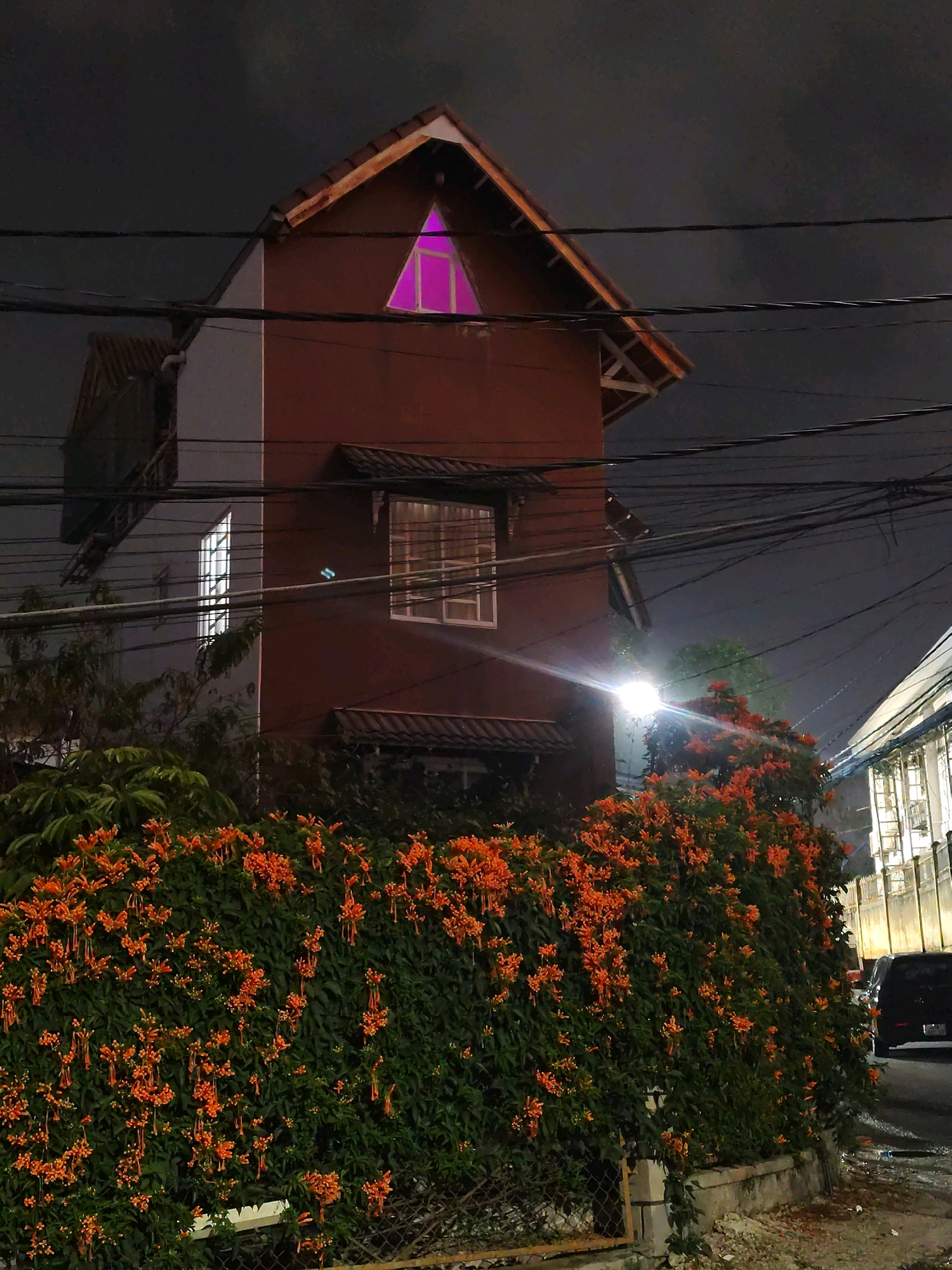 The image depicts a nocturnal street scene in Da Lat, Vietnam. A multi-story building with a reddish-brown facade dominates the center, featuring a triangular window illuminated with a bright pink light at its apex. To the left, another window emits a vertical shaft of white light. A lush hedge of vibrant orange trumpet flowers and dark green foliage extends across the foreground, obscuring a chain-link fence. Overhead, a dense network of power lines crisscrosses the dark, cloudy sky. To the right, a street lamp casts a strong glare, illuminating part of the vegetation and a portion of an adjacent building with white elements. A dark-colored vehicle is partially visible on the right side of the street, which appears to be paved and somewhat wet. The overall atmosphere is moody and somewhat mysterious due to the low light conditions and the vibrant colors of the flowers.