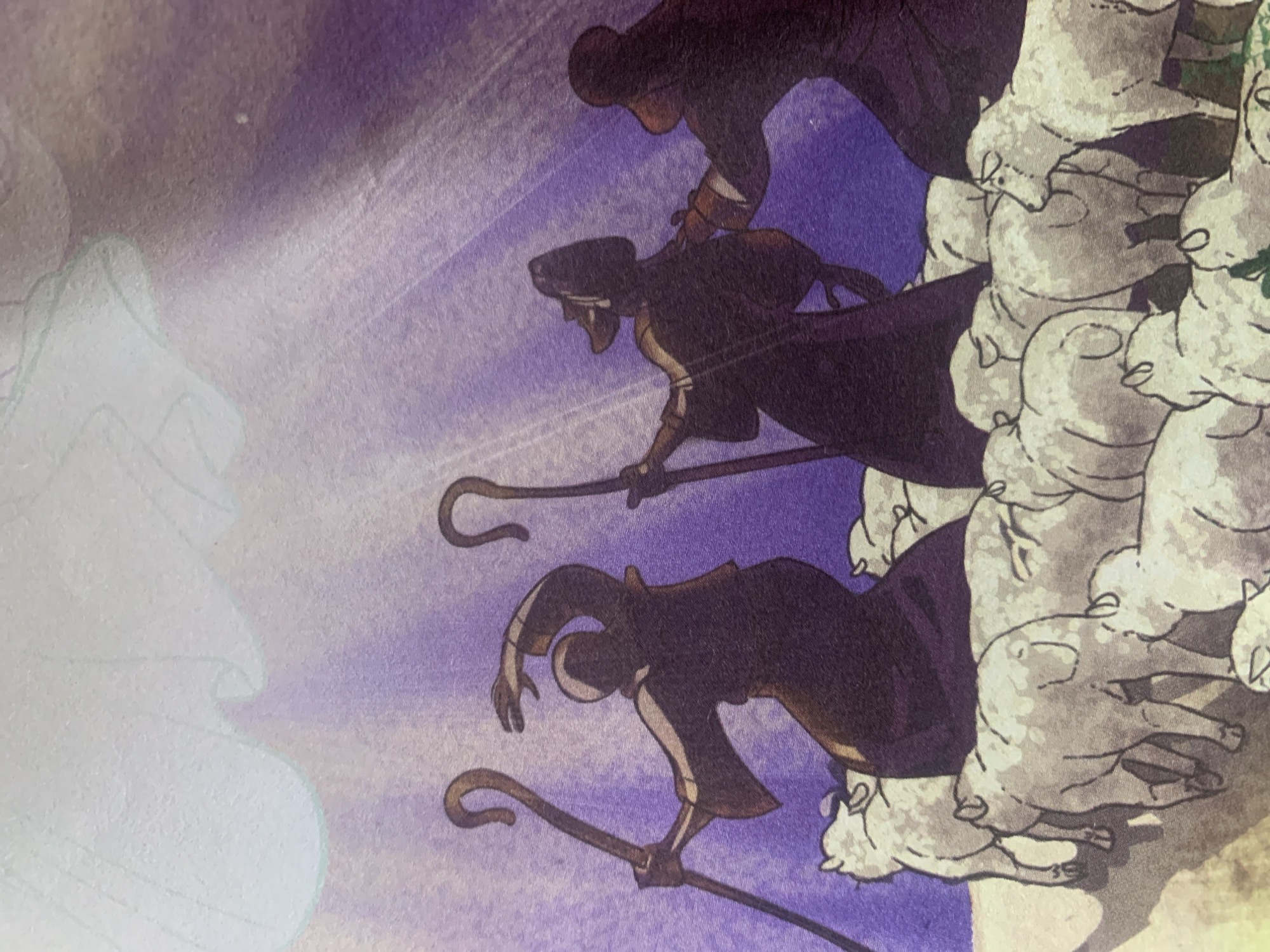 The image depicts a pastoral scene with three silhouetted figures, presumably shepherds, tending to a flock of sheep. The shepherds are dressed in flowing robes and each carries a crook. The foremost shepherd, on the left, is in motion, with one arm raised. The middle shepherd is also gesturing, while the third, on the right, appears to be observing. The sheep are clustered together, rendered in shades of white and gray. The background features a gradient of purple and blue hues, with light rays descending from a pale, cloudy sky. The terrain beneath the sheep and shepherds is earthy brown and light green, suggesting a natural, outdoor setting. There is no discernible information within the image that would indicate a specific location in Jauro Yinu, Nigeria.
