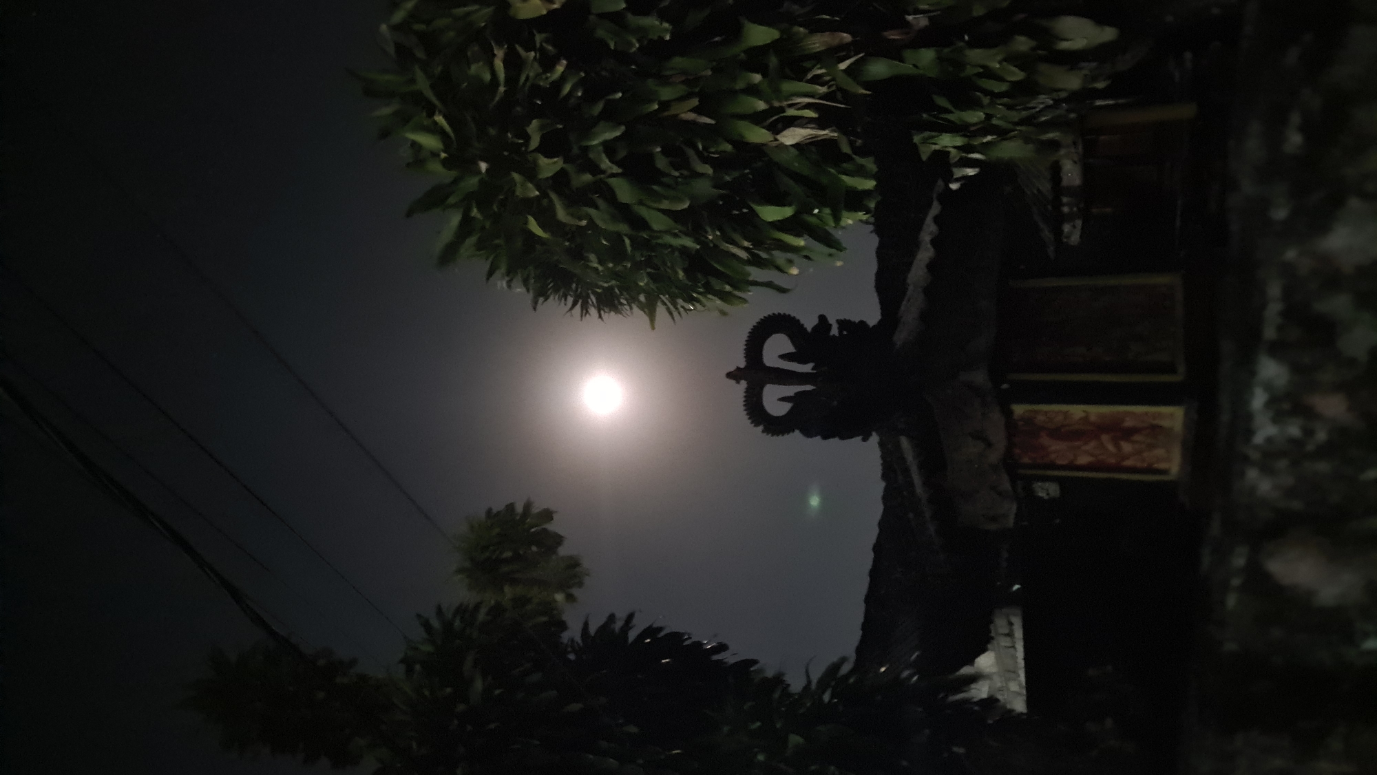 In Denpasar, Indonesia, under a full moon, a silhouette of a building with intricate stonework is visible at night. The building's roof is tiled, and it features decorative elements, including a crown-like structure at the peak. Two trees flank the building, with dense foliage on the right side and sparser leaves on the left. Overhead, electrical wires stretch across the dark sky. The moon is prominently positioned in the center of the frame, casting a soft glow on the scene. The foreground is dark, with a low wall or ledge. The overall image captures a serene night scene with a distinct architectural element illuminated by moonlight.
