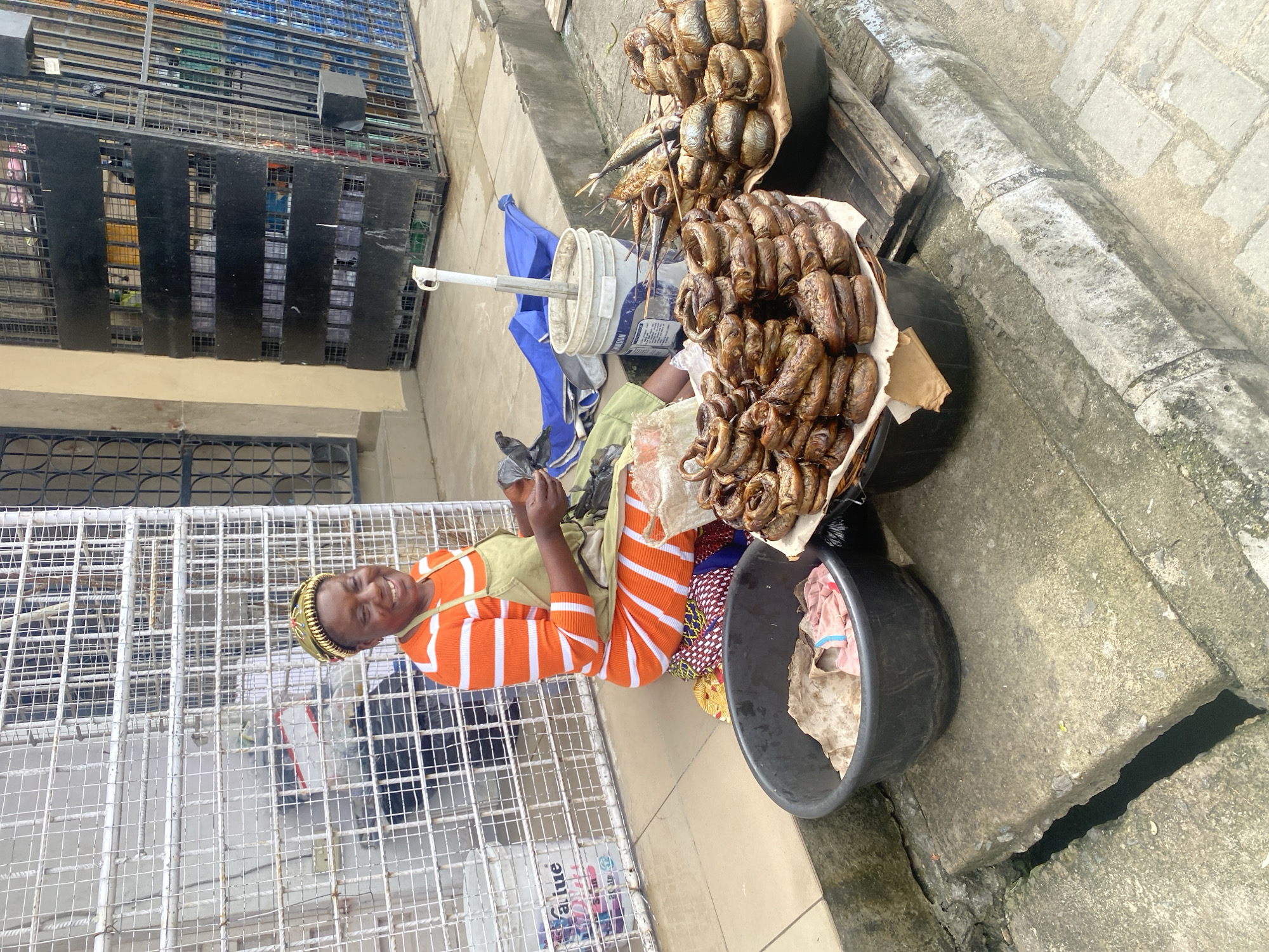 An outdoor shot shows a Black woman sitting in front of a metal grate with a brightly colored dress and an apron. She is smiling at the camera and holding a plastic bag. In front of her are several large black bowls filled with fish and other items. She is in front of a building that has a metal gate and a concrete sidewalk. The scene is lit by natural light.