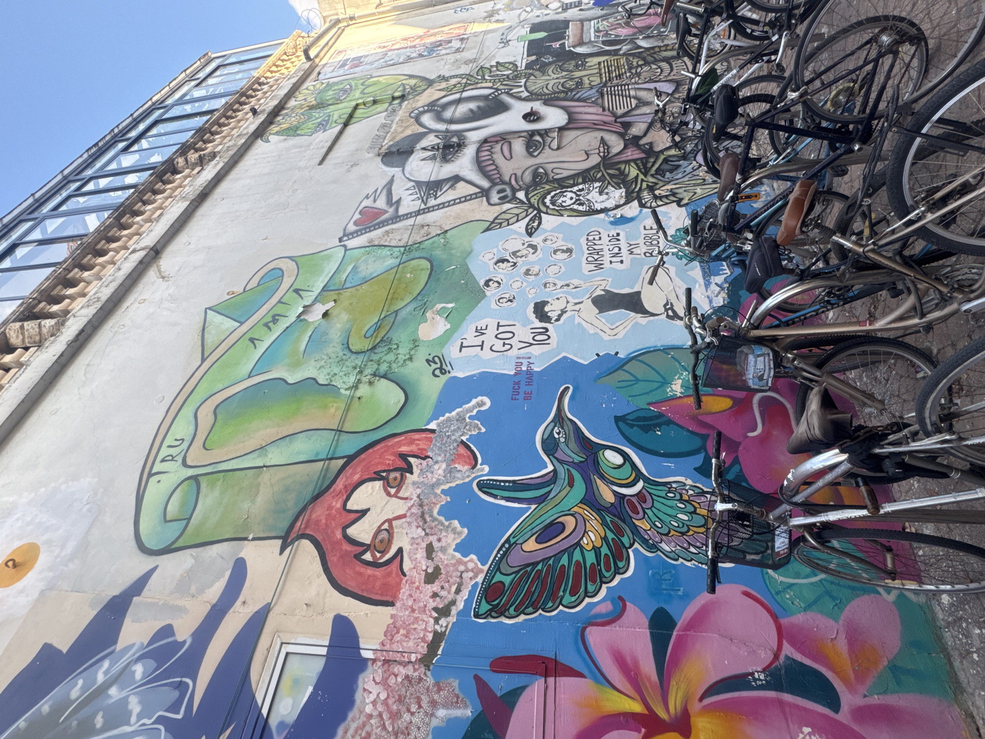 The image depicts a graffiti-covered wall in Tel Aviv, Israel, with several bicycles parked in front of it. The graffiti features a variety of colorful and abstract imagery, including a stylized bird, flowers, and human faces. The wall itself appears weathered and textured, suggesting age and exposure to the elements. The bicycles are parked in a row, some with baskets attached, and appear to be of various models and conditions. The scene is captured in daylight, with a clear blue sky visible in the background, indicating fair weather. The overall impression is one of urban art and everyday life coexisting in a dynamic city environment.