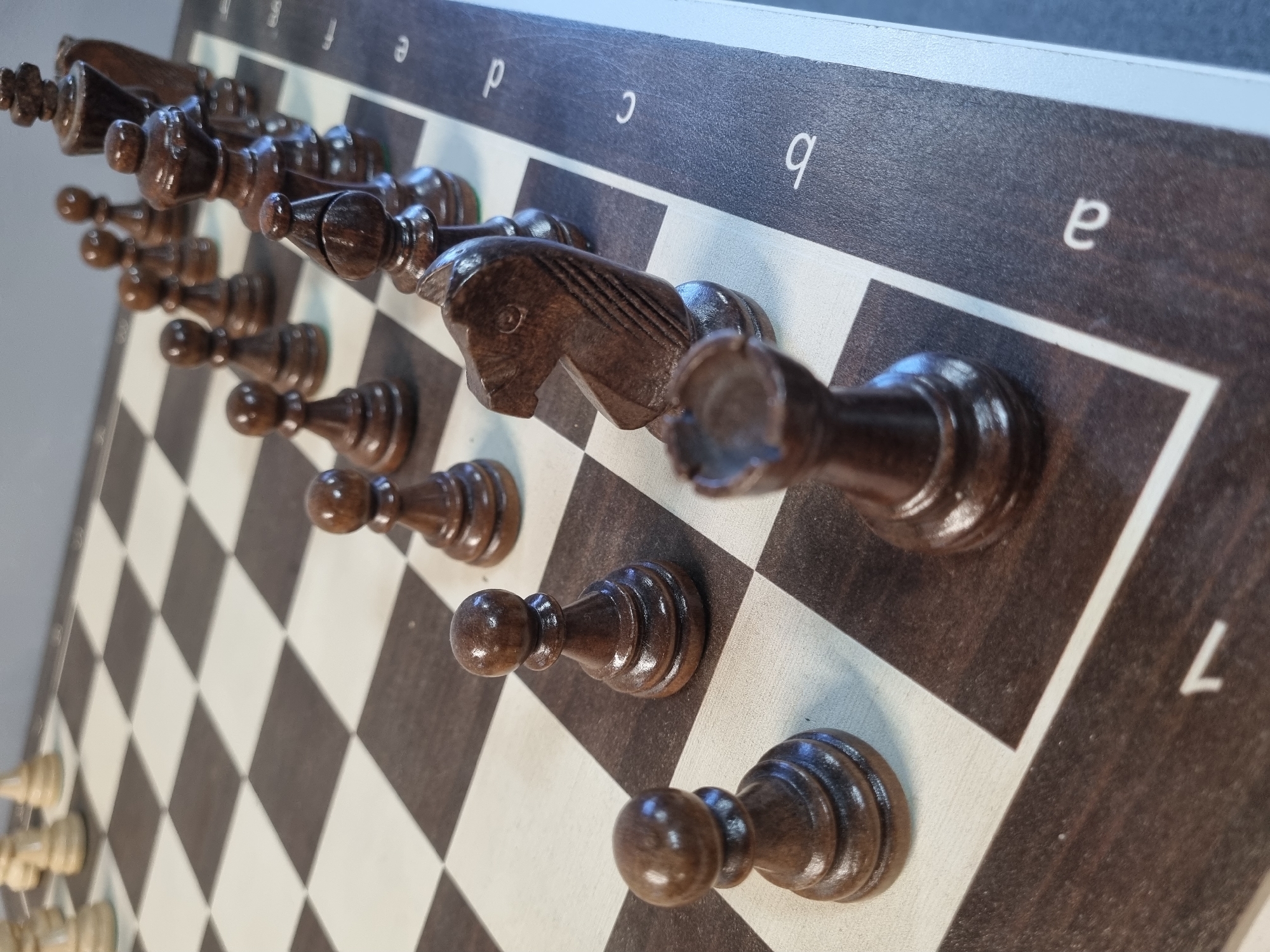 The image shows a close-up, high-angle view of a chessboard with dark brown and light beige squares. Several dark brown wooden chess pieces are positioned on the board. In the foreground, a pawn is visible on the left, followed by another pawn. Further back, a knight piece is prominently featured, and behind it are several pawns, a bishop, and a king. The chess pieces are arranged in a manner suggesting the beginning of a game. The environment is a flat surface, likely a table, with the edge of the chessboard visible on the right. There are no people or animals present in the image. The lighting suggests an indoor setting. The image does not provide any information about the city of Almaty, Kazakhstan, or any specific location within it.