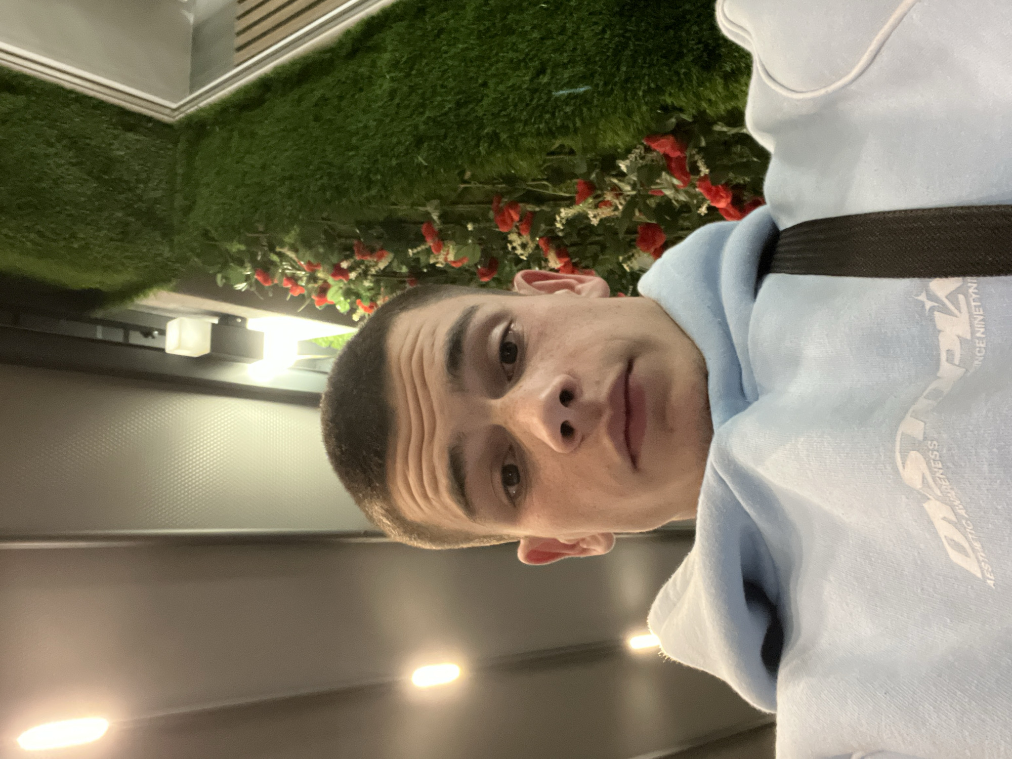 The image is a selfie of a young man with a short haircut. He is wearing a light blue hoodie with the word "DXPE" and "AESTHETIC AWARENESS SINCE NINETYNINI" written on it. A black strap is visible over his shoulder. Behind him, there is a wall decorated with artificial green plants and red roses. In the background, there is a wall with horizontal stripes and some artificial light. The location of the photo is Karlovo, Bulgaria.