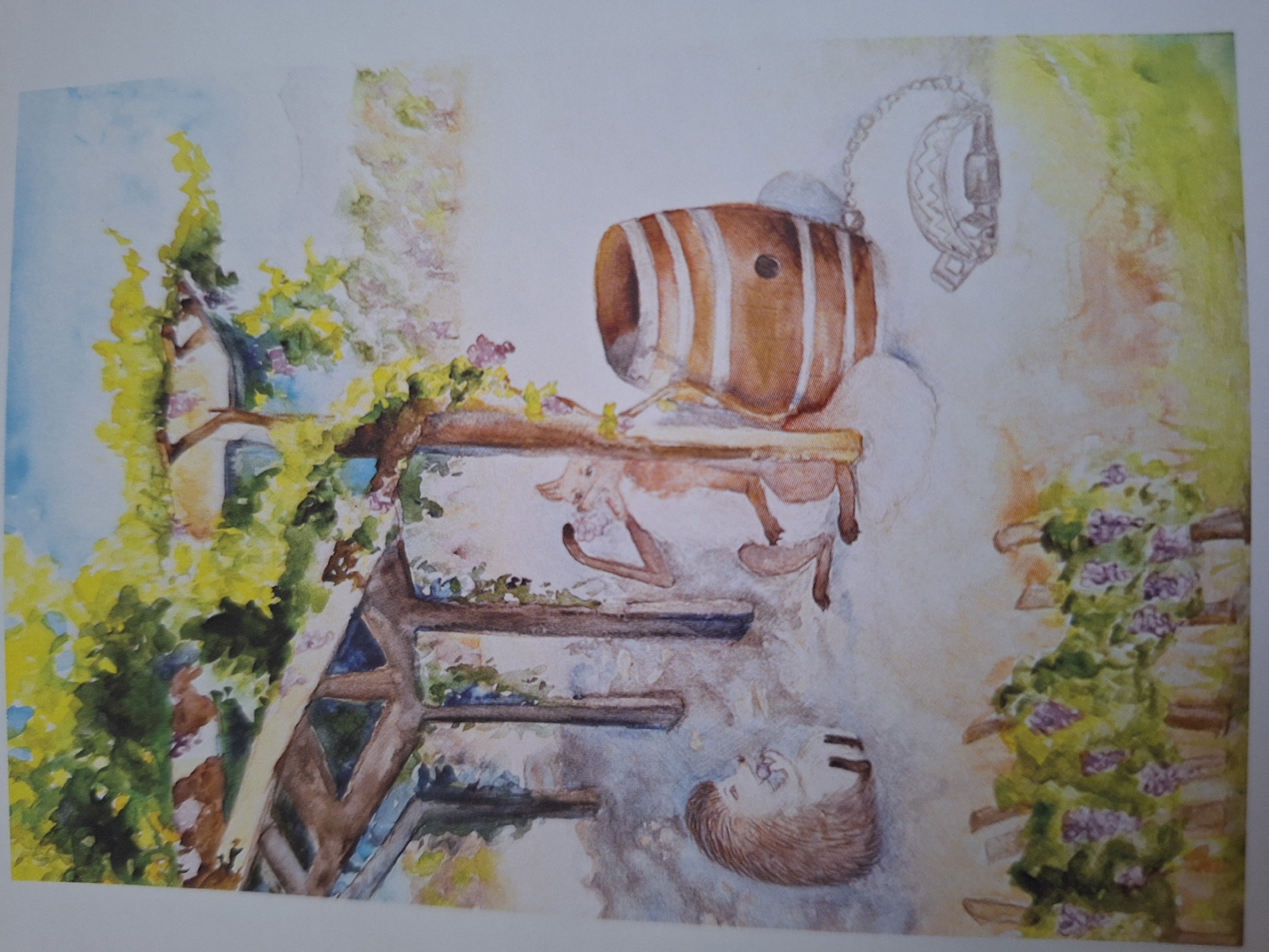 This is a watercolor painting of a pastoral scene under a wooden arbor covered in green leaves and purple grapes. In the foreground, a small, brown hedgehog sits to the left, holding what appears to be a berry in its paws. To the right, a fox sits facing the hedgehog, also holding a berry. Between the fox and a wooden barrel, a bear trap is visible, attached to the barrel by a chain. The background depicts a hazy landscape with more foliage and a light blue sky. The scene appears to be set in a rural area, possibly a vineyard or garden, and does not contain any elements that would place it specifically in Varna, Bulgaria.