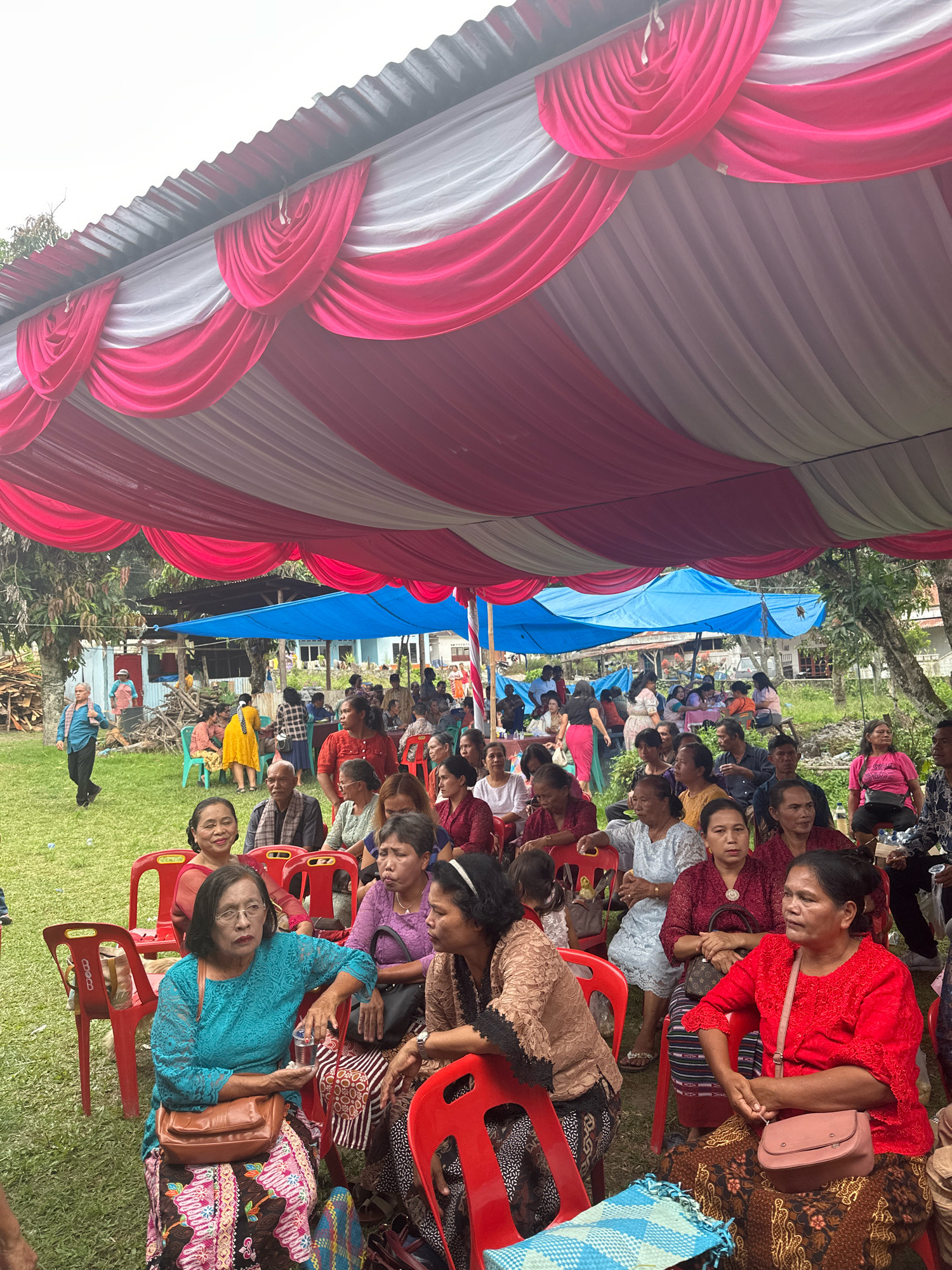 An outdoor gathering is underway under a pink and white tent in Pardamean Ajibata, Indonesia. A crowd of people, predominantly women, are seated on red plastic chairs, many wearing traditional Indonesian clothing. In the foreground, a woman in a blue lace top and a colorful patterned skirt holds a glass of water, with a brown purse on her lap. To her right, another woman in a red blouse and patterned skirt is visible. In the background, more individuals are seated, and a blue tarp is stretched overhead, possibly part of the event's setup. The ground is covered in green grass, with trees and a building visible behind the tent. Some individuals are standing and interacting, while others appear to be observing the event. The overall atmosphere suggests a community event or celebration.