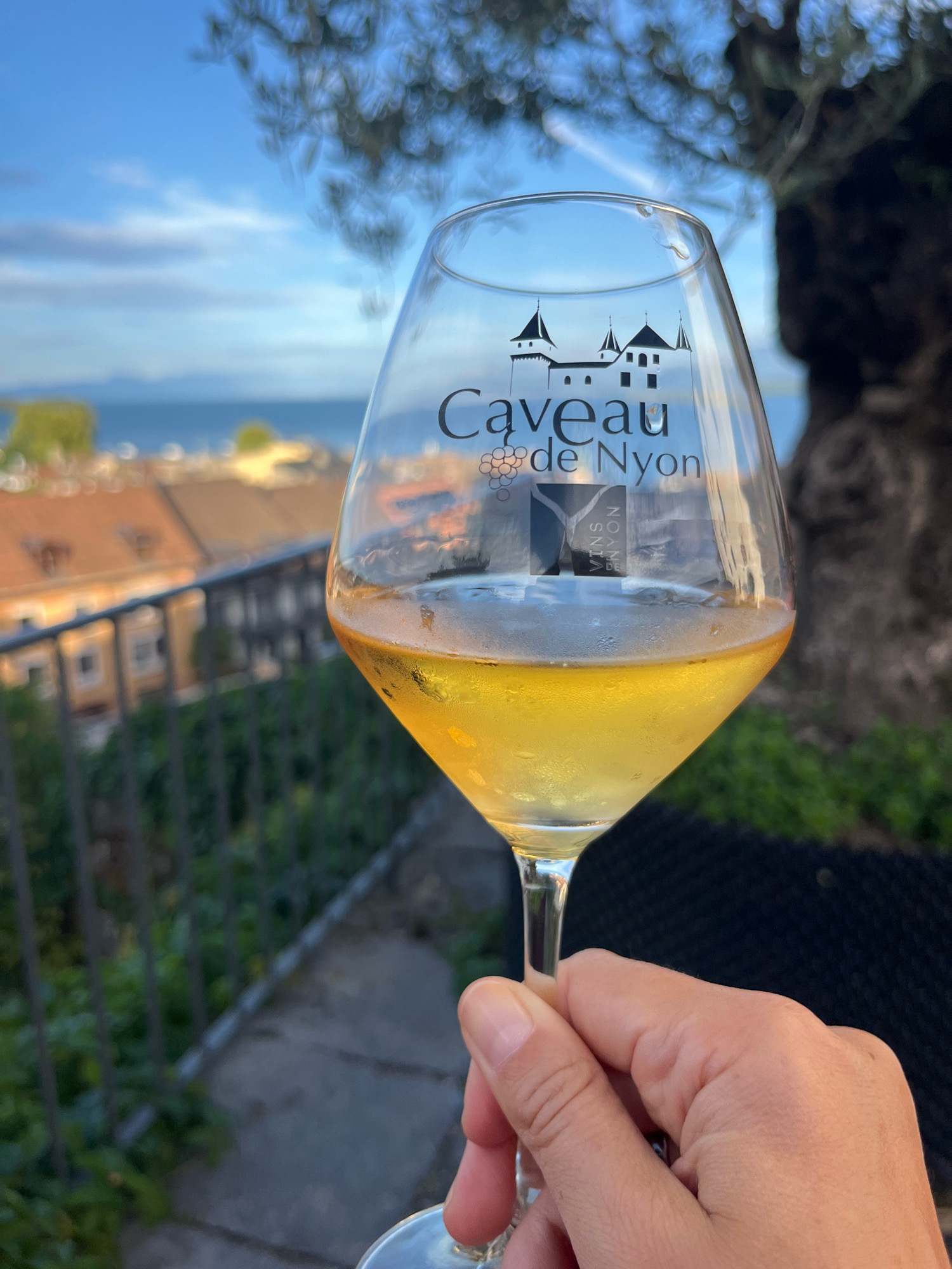 A hand holds a wine glass filled with pale yellow liquid. The glass is decorated with the logo of "Caveau de Nyon," featuring a silhouette of a castle and stylized grapes. The background depicts a blurred view of buildings with red-tiled roofs, a body of water, and a blue sky with some clouds. The setting appears to be an outdoor terrace in Nyon, Switzerland, with hints of greenery and a dark textured surface, possibly outdoor furniture, in the foreground and right side of the image. The lighting suggests it is late afternoon or early evening.