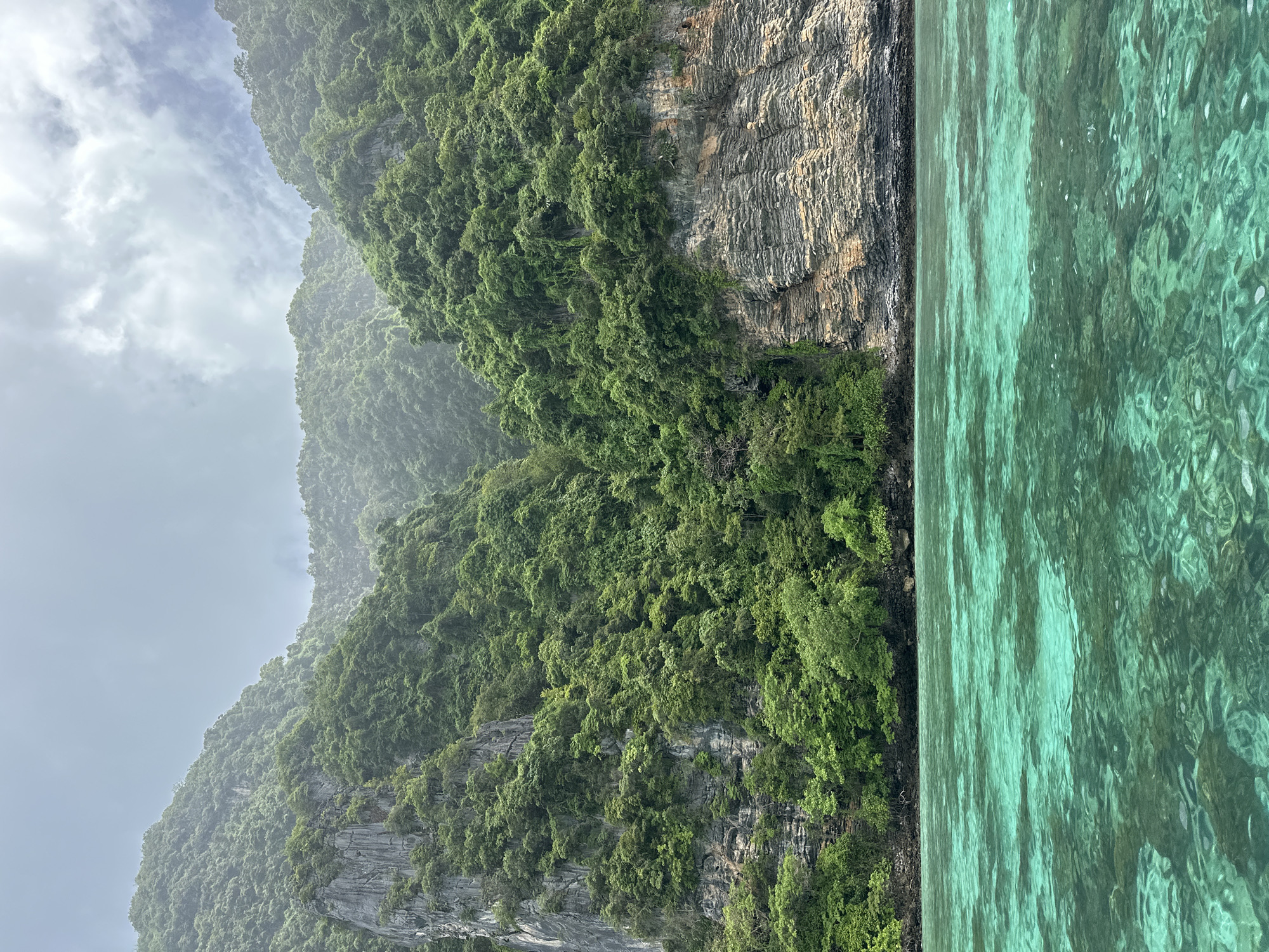 A wide shot captures a dramatic seascape with lush green mountains meeting crystal-clear turquoise waters. The mountains, covered in dense vegetation, rise steeply from the water's edge, with rocky cliffs visible in some sections. The water in the foreground is calm, with sunlight illuminating the underwater topography, revealing coral formations and sandy patches. The sky above is overcast with scattered clouds, lending a soft, diffused light to the scene. The image appears to be taken from a boat, with the camera looking towards the shore. The location is identified as Haad Hin Khom, Thailand. There are no people or visible human activity in the image.