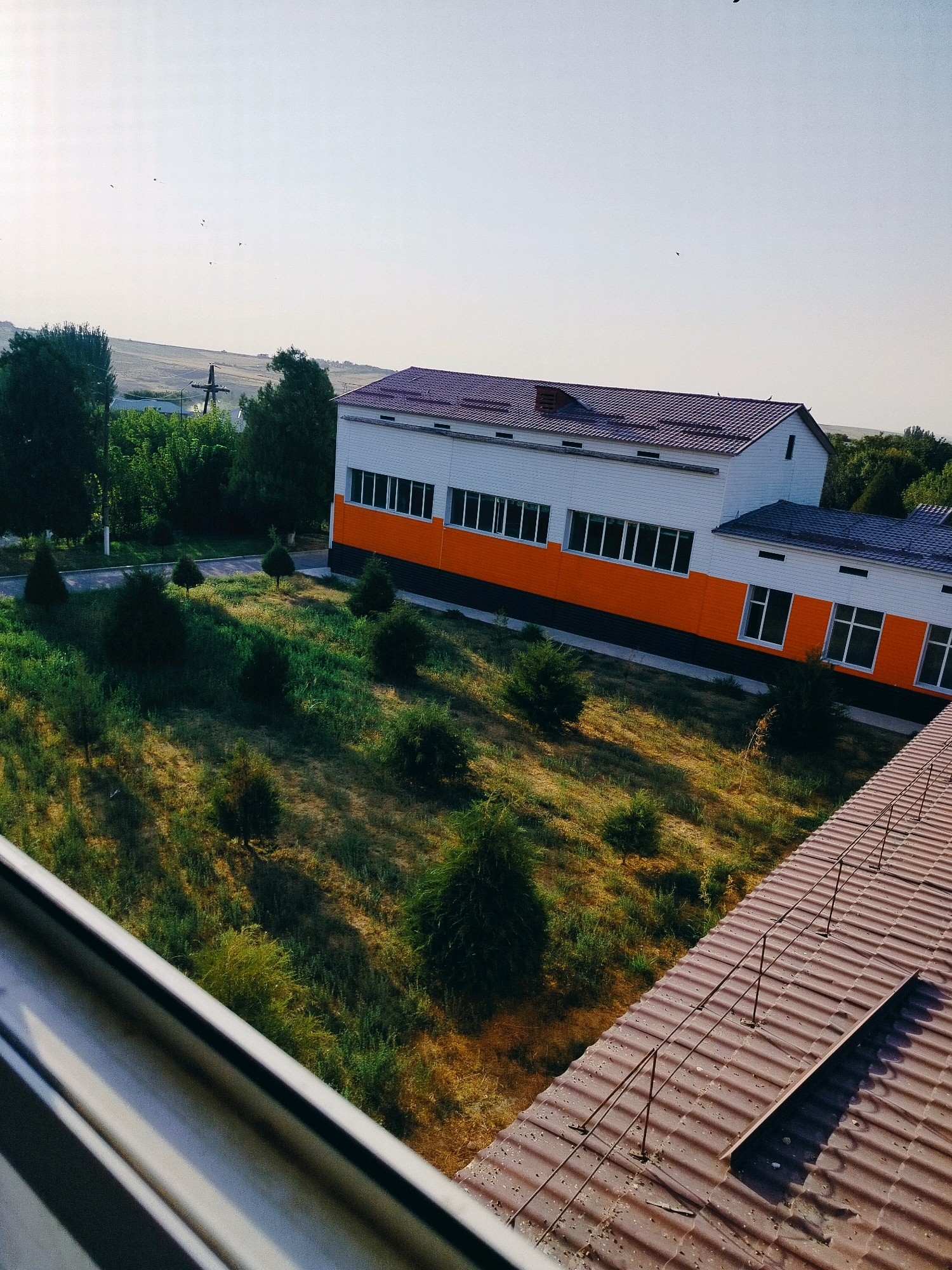 The image is an aerial view of a building complex in Kölkent, Kazakhstan. The building, with white and orange siding and a dark red roof, has a long, rectangular shape with multiple windows. In front of the building, there is a grassy area with several small, cone-shaped trees and scattered bushes. A paved walkway or road is visible near the building. To the right of the main building, a portion of another building's corrugated, dark red roof is visible in the foreground, with metal railings and supports. The background shows a flat, green landscape with trees and a visible electrical pylon. The sky is clear and bright, with a few small birds visible in the distance. The lighting suggests it is either early morning or late afternoon.