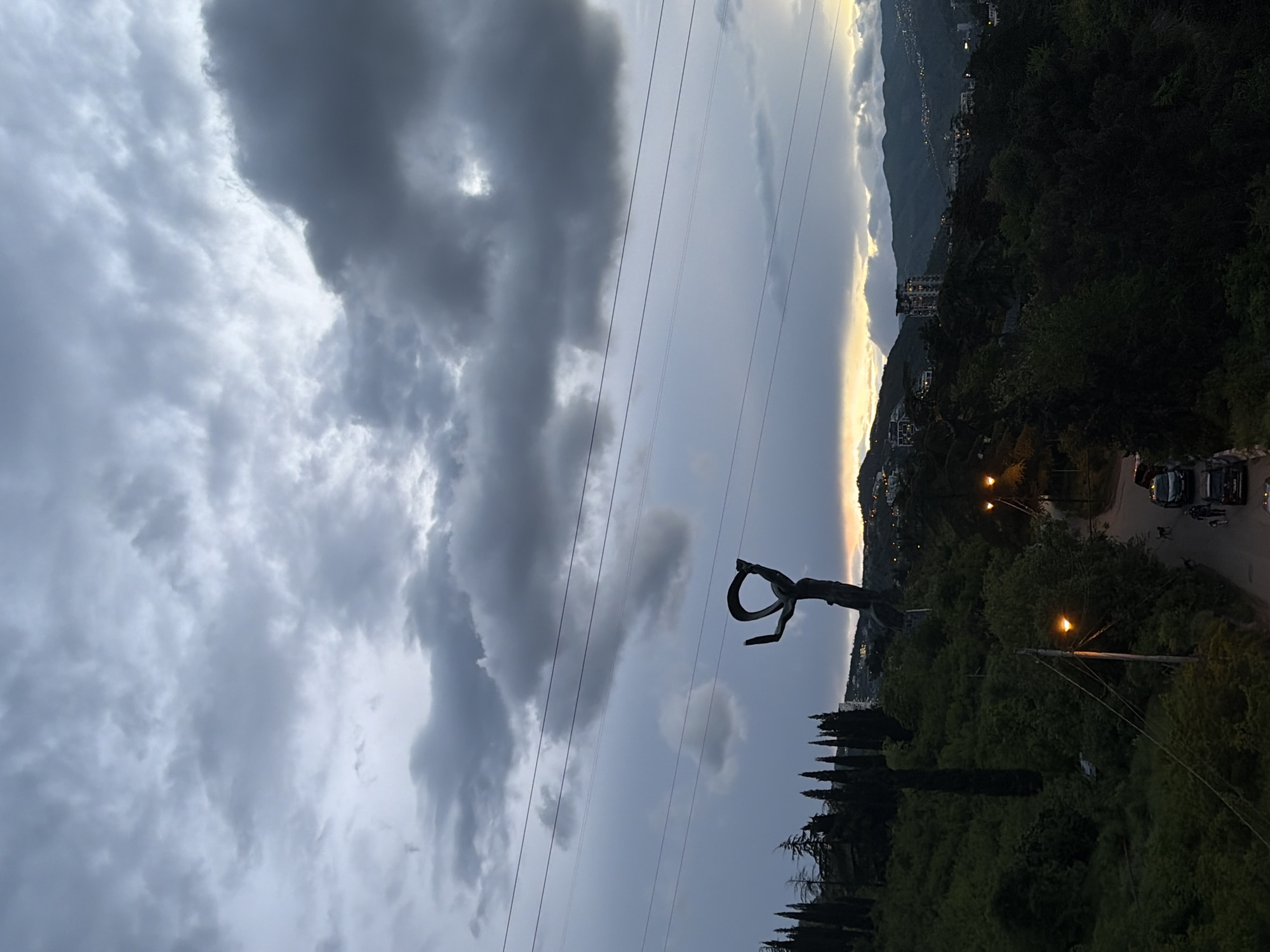The image depicts a landscape in Tbilisi, Georgia, at dusk or dawn. A dark silhouette of a sculpture of a woman holding a sword aloft is positioned in the foreground. Power lines run horizontally across the sky. In the background are hills with buildings visible, and a road with vehicles moving along it. The sky is filled with grey clouds and a streak of orange light. The foreground features dark green vegetation, including trees and bushes.