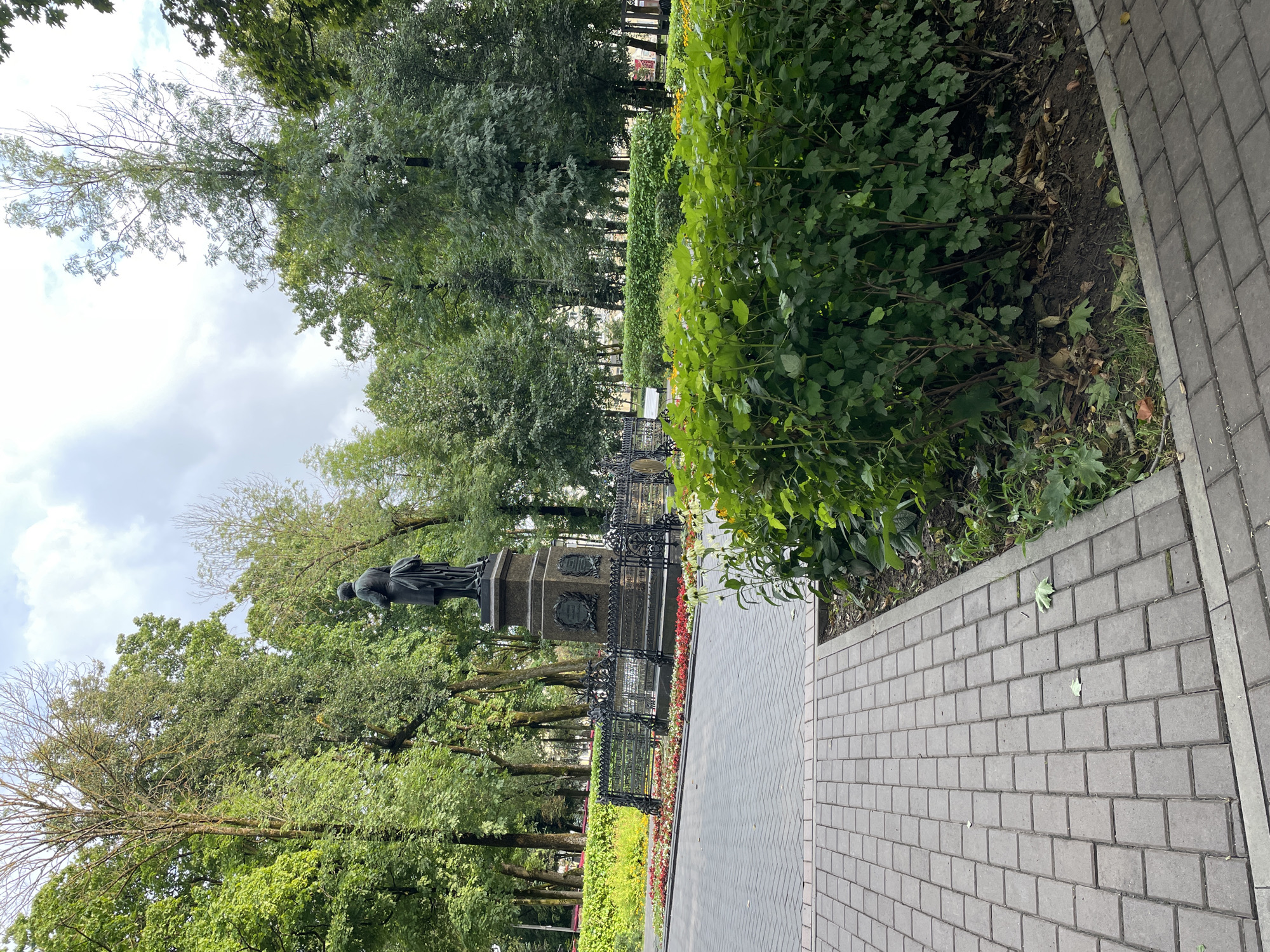 This is a medium-angle, eye-level shot of a public park in Radkevshchina, Russia, on a cloudy day. In the center of the frame, a dark bronze statue of a man in historical attire stands atop a granite pedestal. The statue is enclosed by a decorative black wrought-iron fence, behind which a flowerbed with red and white blooms is visible. A paved walkway made of grey brick pavers leads towards the statue and extends into the foreground. To the right of the walkway, a dense hedge of green leafy bushes dominates the foreground. The background is filled with lush green trees of various sizes, some of which appear to be dead or sparsely leaved, suggesting the possibility of an autumn season or an area undergoing rehabilitation. The sky is overcast with white and grey clouds. No people are present in the scene.