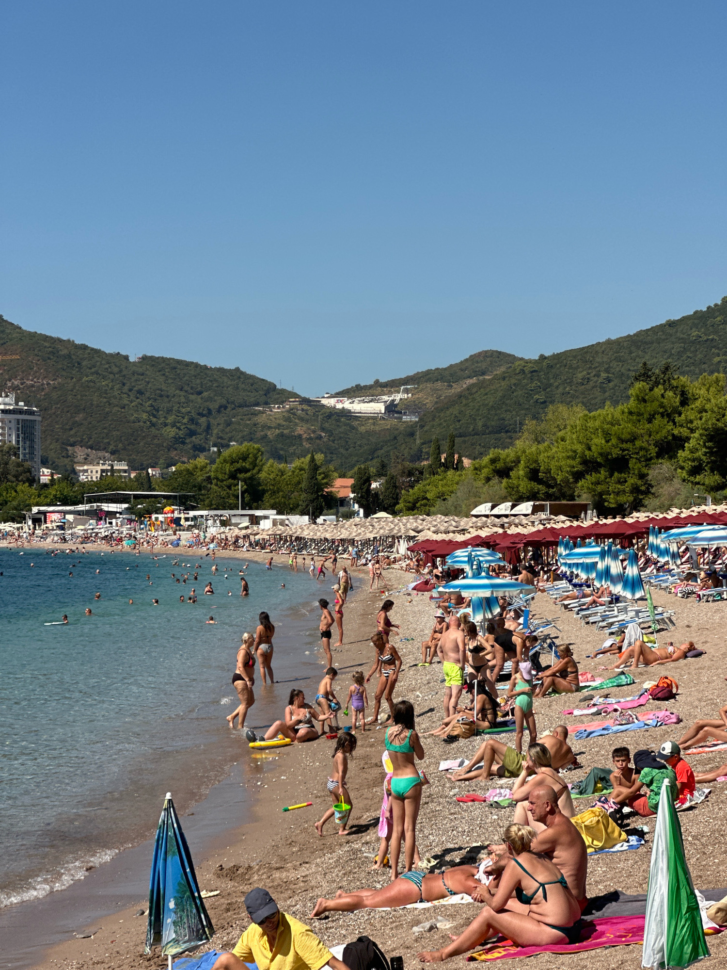 This is a photograph taken on a sunny day at a crowded beach in Budva, Montenegro. The beach is covered in small pebbles, and numerous beach umbrellas and loungers are set up. Many people are sunbathing, swimming in the clear turquoise water, or walking along the shoreline. In the background, lush green hills rise up, dotted with buildings and trees, with a clear blue sky overhead. The scene depicts a vibrant summer atmosphere with a mix of locals and tourists enjoying a day at the seaside.