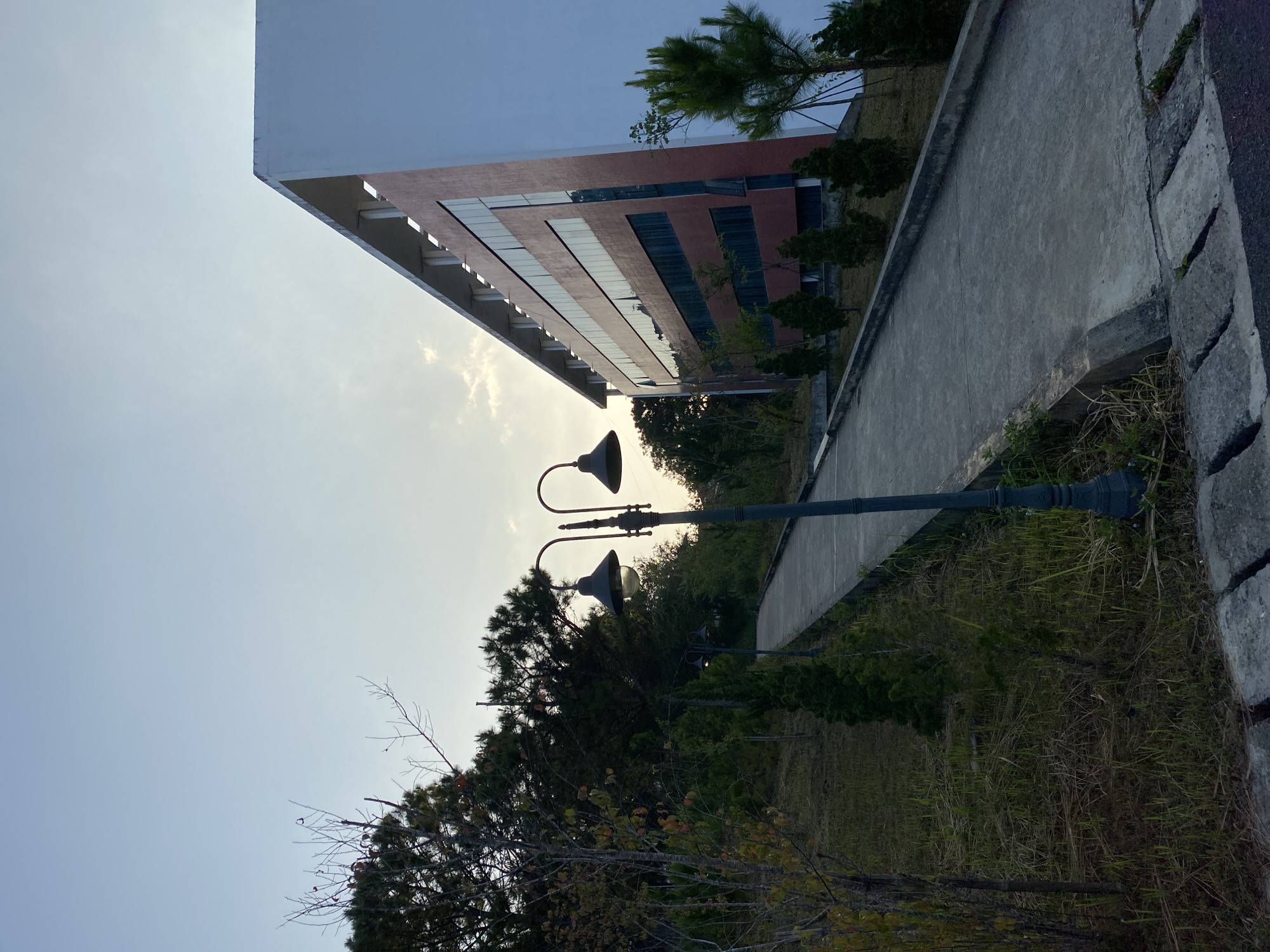 A paved pathway slopes uphill alongside a modern, multi-story building with a red brick facade and large glass windows. The building is situated on a hill dotted with various trees, including coniferous varieties and some deciduous trees with sparse, fall-colored foliage. A lamppost with two lights stands prominently on the left side of the pathway, and a smaller lamppost is visible further up the path. The sky is a pale blue with hints of clouds and the setting sun. The scene appears to be in a park-like or campus setting within Lâm Viên - Đà Lạt, Vietnam, characterized by its hilly terrain and vegetation. No people are present in the image.