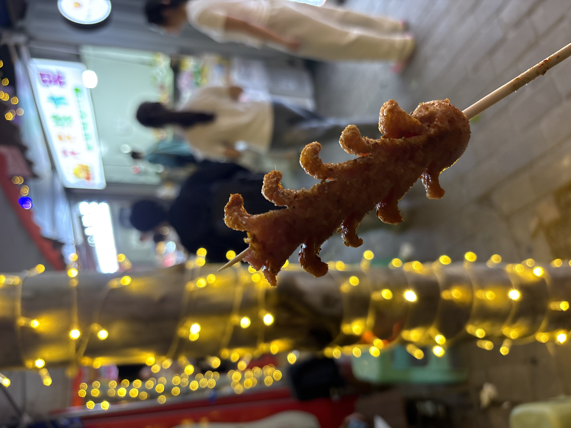 A skewed close-up captures a fried snack on a skewer, held against an out-of-focus backdrop of an urban scene in Jiangjin, China. The snack is golden-brown, with an uneven, textured surface. It is held aloft by a wooden skewer.
The background features blurred human figures; one in white, and others in darker clothing. The environment includes blurred store signs, poles wrapped in yellow fairy lights, and other indistinct urban elements. The lighting is a mix of natural and artificial, with the fairy lights adding a warm glow.