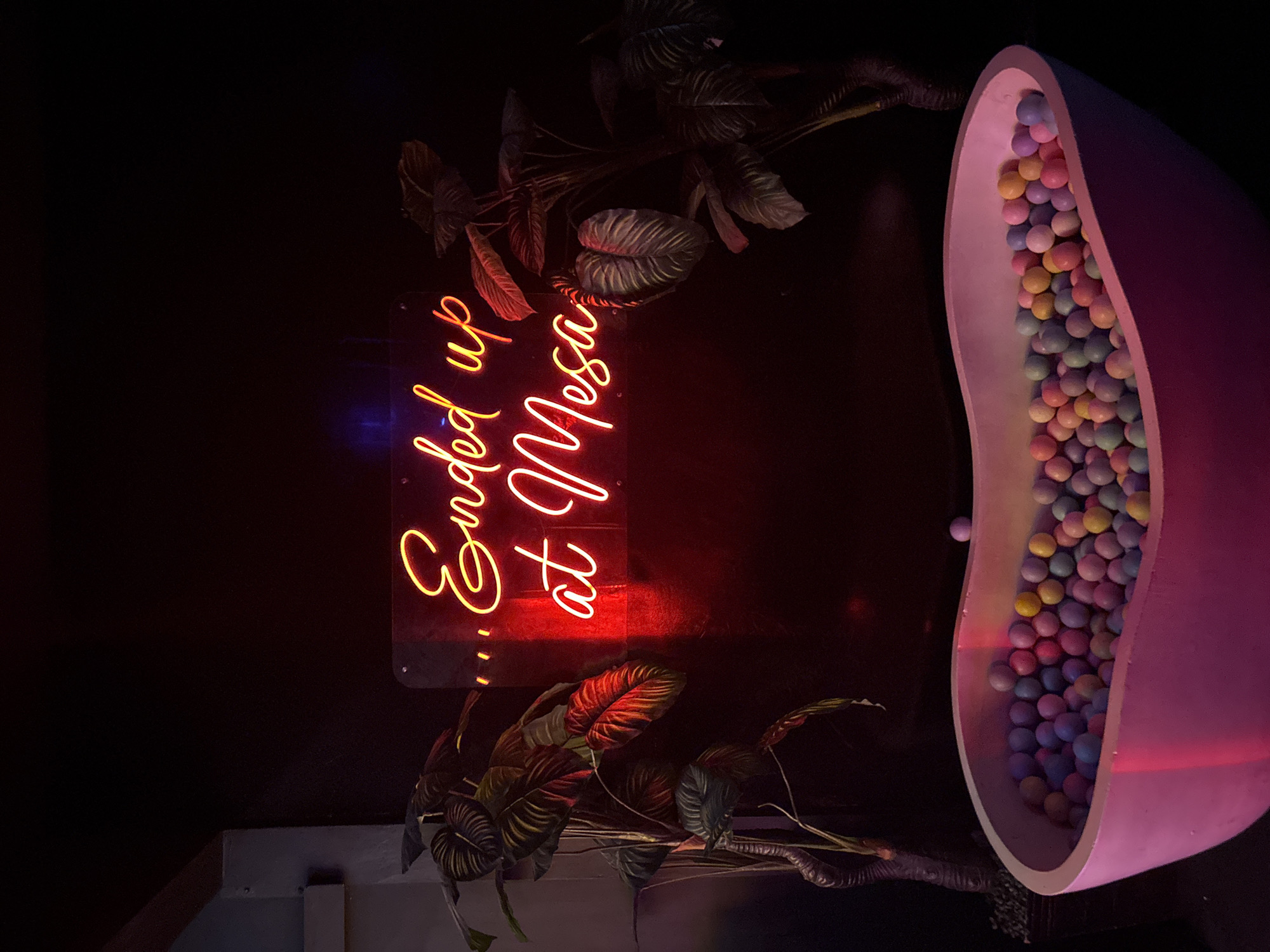 A neon sign with yellow cursive lettering reads "...ended up at Mesa" against a dark background. The sign is illuminated with red light. To the left and right of the sign are tall, leafy plants. Below the sign and plants is a large, pink bathtub filled with colorful balls of various sizes and colors, including pink, purple, blue, yellow, and green. The bathtub is lit with pink and red light. The scene appears to be indoors.
