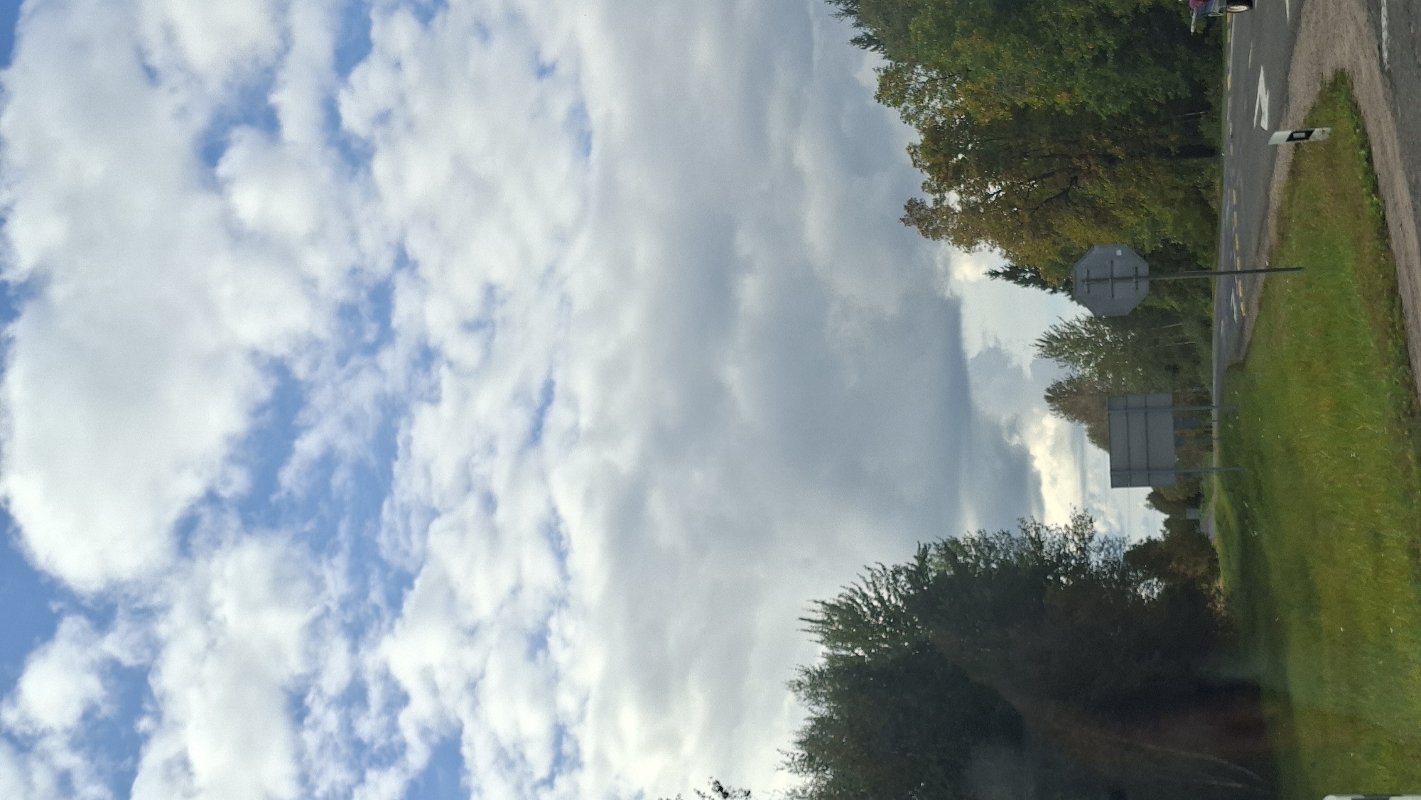 The image shows a view from a vehicle on a rural road, likely in the Верхнякрывінскі сельскі Савет, Belarus. The road curves to the right, bordered by a grassy verge on the left and a dense line of trees on the right. Several road signs are visible; one is a blank rectangular sign on a pole, and another is an octagonal sign with a cross symbol. The sky is filled with a mixture of blue patches and large, fluffy white and grey clouds. The trees on the right are a mix of deciduous trees showing some autumn colors, alongside evergreens. The overall scene suggests an overcast day in a natural, sparsely populated area.