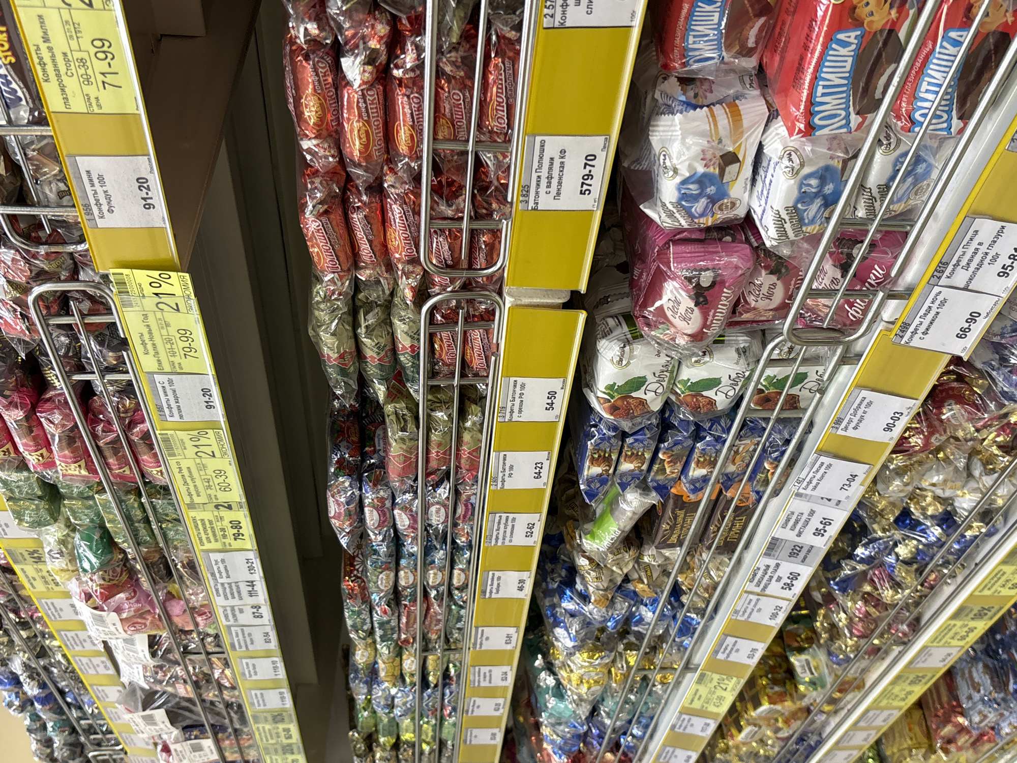 The image shows a shelf in a supermarket filled with an assortment of wrapped candies. The shelves are metal, and the candies are arranged in plastic packaging of various colors and designs. Many of the packages are transparent, revealing the candy inside. Some shelves have yellow price tags with Cyrillic text and numbers, indicating prices and possibly product names. The background is out of focus but suggests more shelves and products in the store. The overall impression is one of a well-stocked candy aisle.