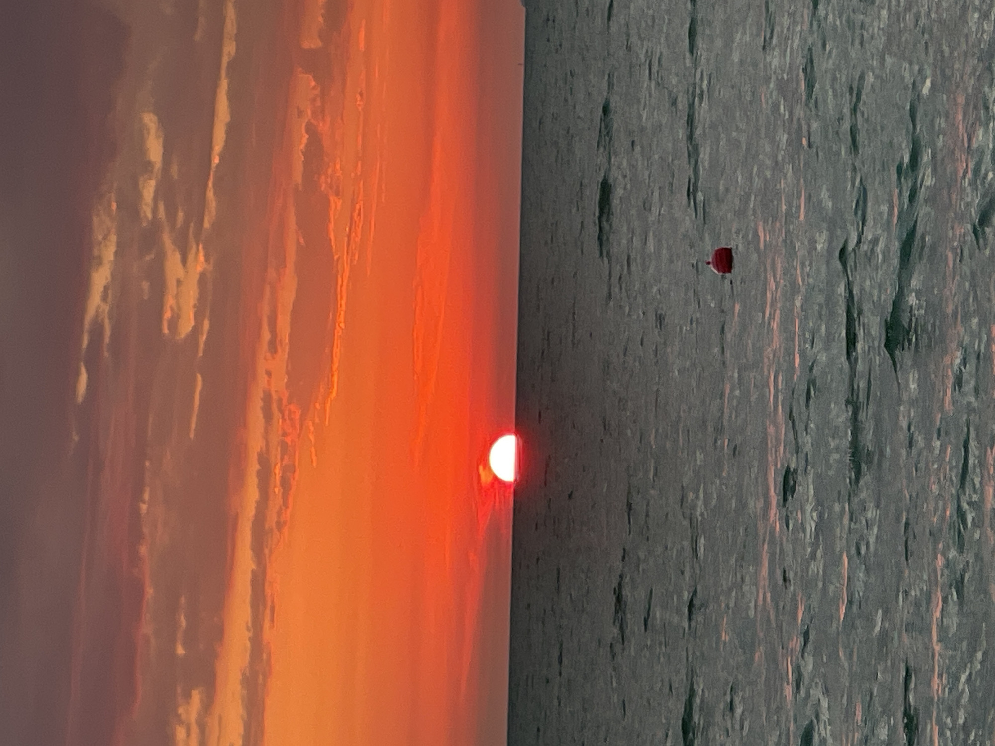The image captures a sunset over the Black Sea in Sochi, Russia. The sun, a bright orange orb, is partially submerged on the horizon, casting a vibrant glow across the sky and the water. The sky is filled with dramatic clouds, painted in hues of orange, red, and purple, indicating the final moments of daylight. The sea is a deep, muted gray, with gentle waves reflecting the colors of the sky. In the foreground, a small, red buoy floats on the water, adding a single point of color against the vast expanse of sea and sky. No people or structures are visible in the immediate vicinity, emphasizing the natural beauty of the coastal landscape.