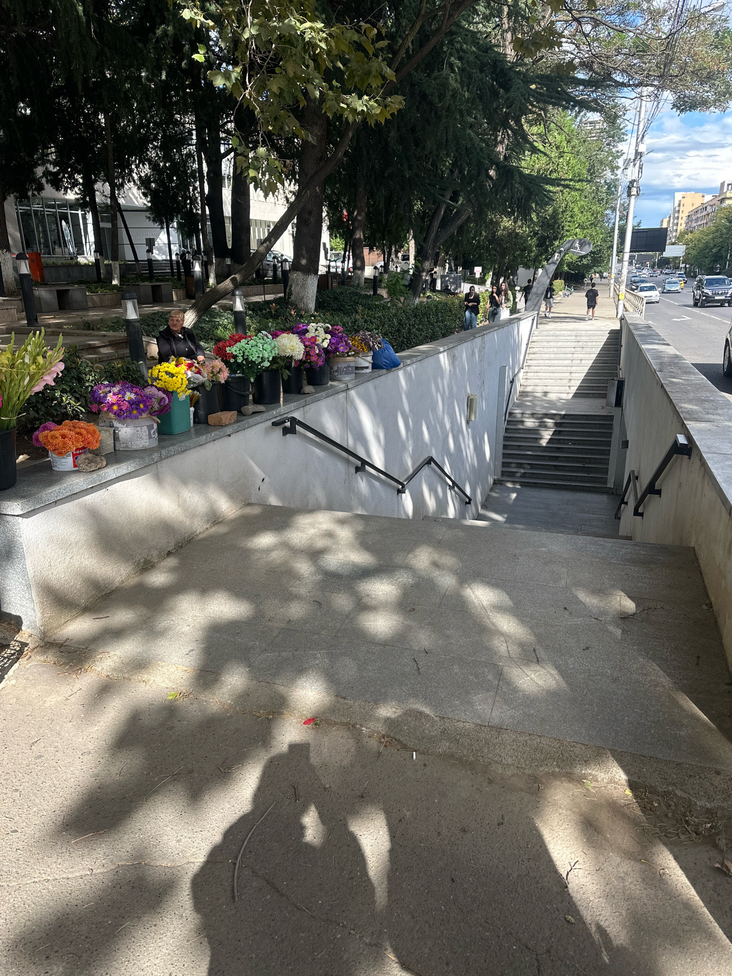 A street-level view captures a segment of an underground pedestrian passage in Tbilisi, Georgia, with the sun casting dappled shadows across the stone steps and surrounding pavement. To the left, a woman sits behind a display of colorful artificial flowers, arranged in buckets. Behind her, a wall separates the flower stand from a grassy area with trees and benches, and further back, a modern building with large windows is visible. The passage leads down concrete stairs flanked by white walls and metal railings. To the right, a street runs parallel to the passage, with cars and buildings lining its edge. The sky above is partly cloudy.