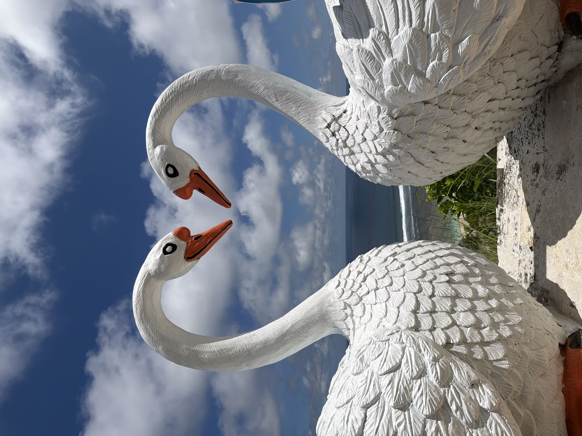 Two white, concrete swan statues with orange beaks are positioned close together, their necks curved to form a heart shape against a backdrop of a blue sky with white clouds. The statues are located in Ungasan, Indonesia. The ocean is visible in the background. The concrete base the swans are attached to has some green vegetation.