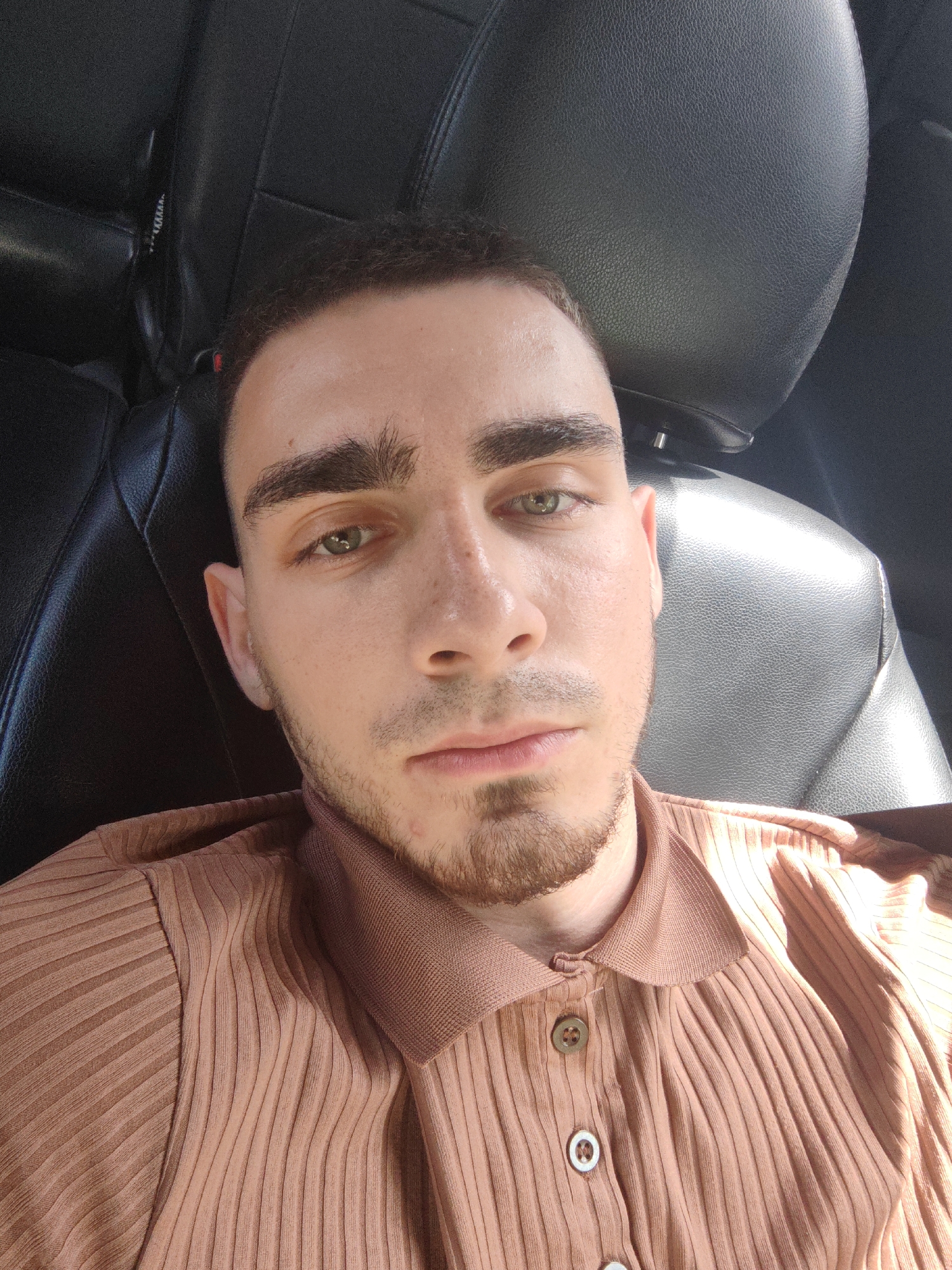 The image is a close-up selfie of a young man with light brown hair, prominent eyebrows, and green eyes. He has a light beard and a few freckles on his nose. He is wearing a ribbed, collared, button-up shirt in a light brown or tan color. The background appears to be the interior of a car, with dark leather seats visible. Sunlight is illuminating the scene from the right side, creating highlights on the man's face and the car seat. The image does not provide any information about the location in the city of Khorol, Russia.