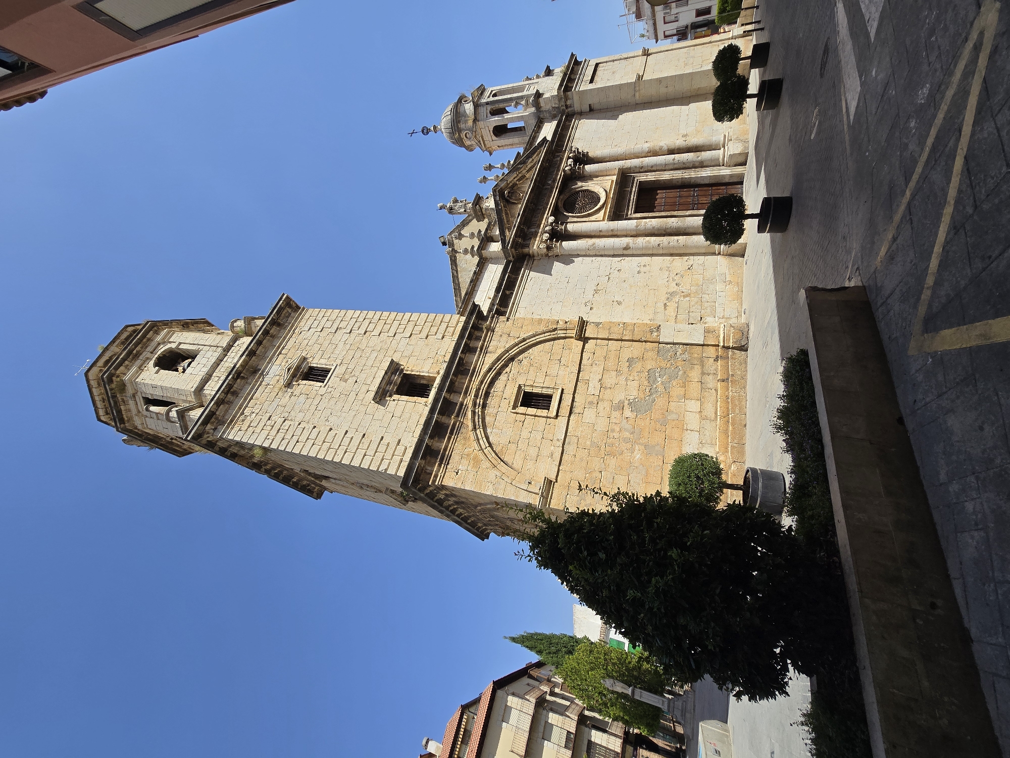 The image depicts a street-level view of the Church of Our Lady of the Assumption in Jaén, Spain. The church's facade, constructed of light-colored stone blocks, dominates the frame. A tall, square bell tower, also made of stone, rises to the left of the main structure, with arched openings for bells visible near its top. The church features classical architectural elements, including columns flanking the main entrance and a pediment above it. A smaller dome-topped tower with a cross adorns the right side of the church. In front of the church, several potted trees with rounded tops are placed along the paved walkway. The ground is paved with stone tiles, and yellow lines, possibly indicating parking or pedestrian zones, are visible. The sky is clear and blue. To the left of the church, a multi-story building with balconies and a terracotta tiled roof can be seen. Several other buildings and trees are visible in the background, suggesting an urban environment. The scene is illuminated by bright sunlight, casting shadows on the ground and the buildings. There are no people or animals visible in the image.