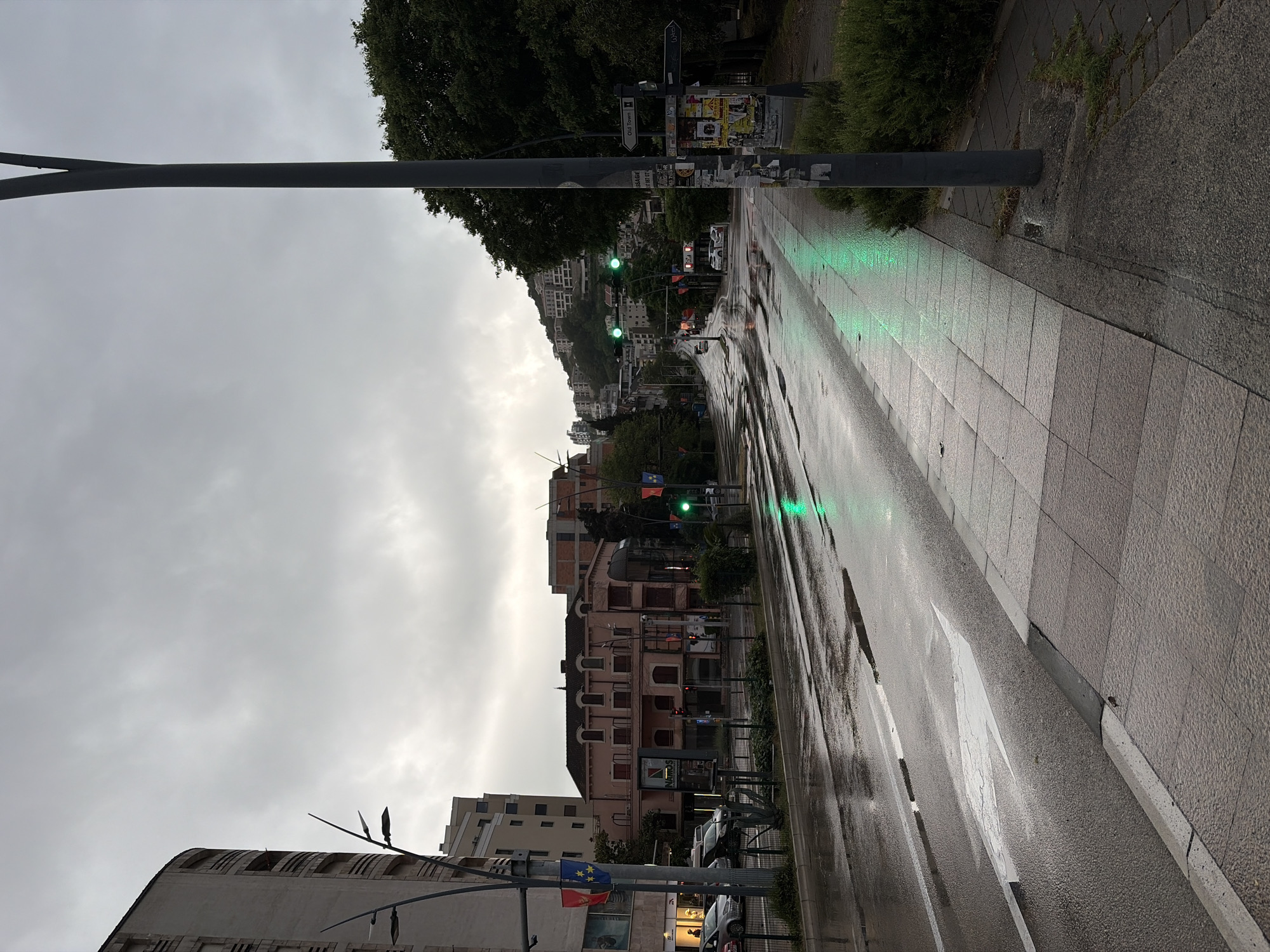 The image shows a street in Budva, Montenegro on a cloudy day. The street is wet from recent rain, and the traffic lights are green. The road slopes upward away from the viewer. There are buildings on both sides of the street, and a hill covered with buildings is visible in the distance. A lamppost is in the foreground to the left, and a signpost covered in posters is on the right. Cars are parked along the side of the road.