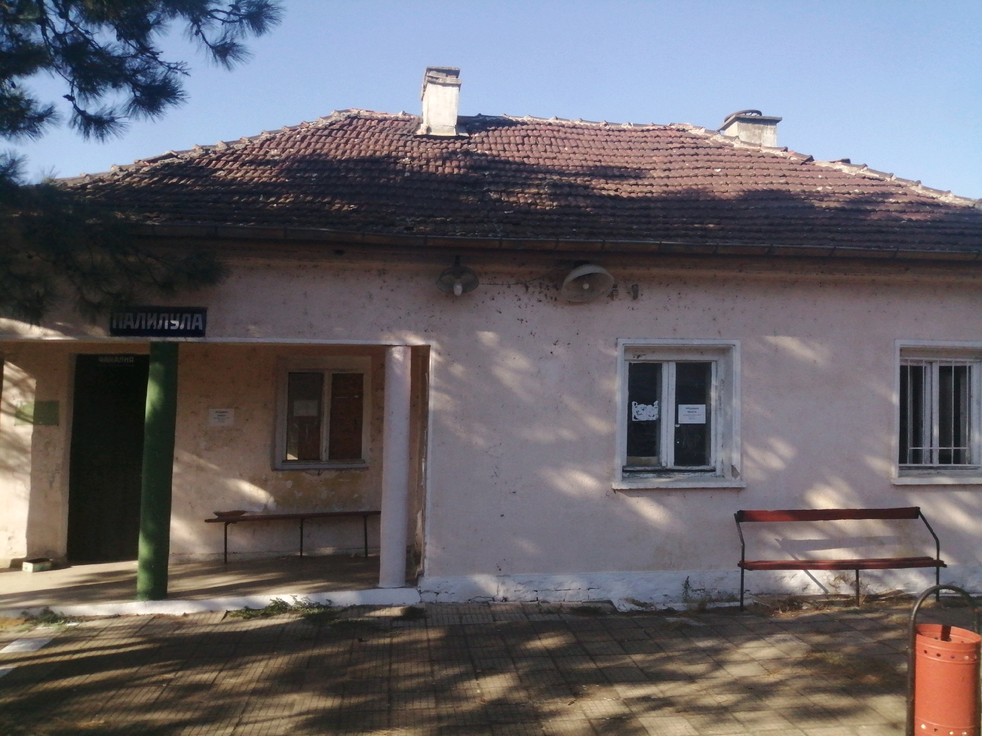 The image shows the exterior of a single-story building, likely a public facility, with a tiled roof and a light-colored, somewhat weathered facade. Above an entrance on the left, a sign reads "ПАЛИЛУЛА," indicating the location is Palilula. Two windows are visible on the right side of the building, one with a simple grate and another with what appears to be a poster or sticker on the glass. In front of the building, there is a red metal bench with a slatted seat and back, and a red cylindrical trash can to its right. A concrete walkway with a tiled pattern is in the foreground, shaded by dappled sunlight filtering through unseen trees. A green pillar stands near the entrance on the left. The overall impression is one of a functional, perhaps older, building in a somewhat rural or less-developed area, given the presence of the bench and trash can for public use.
