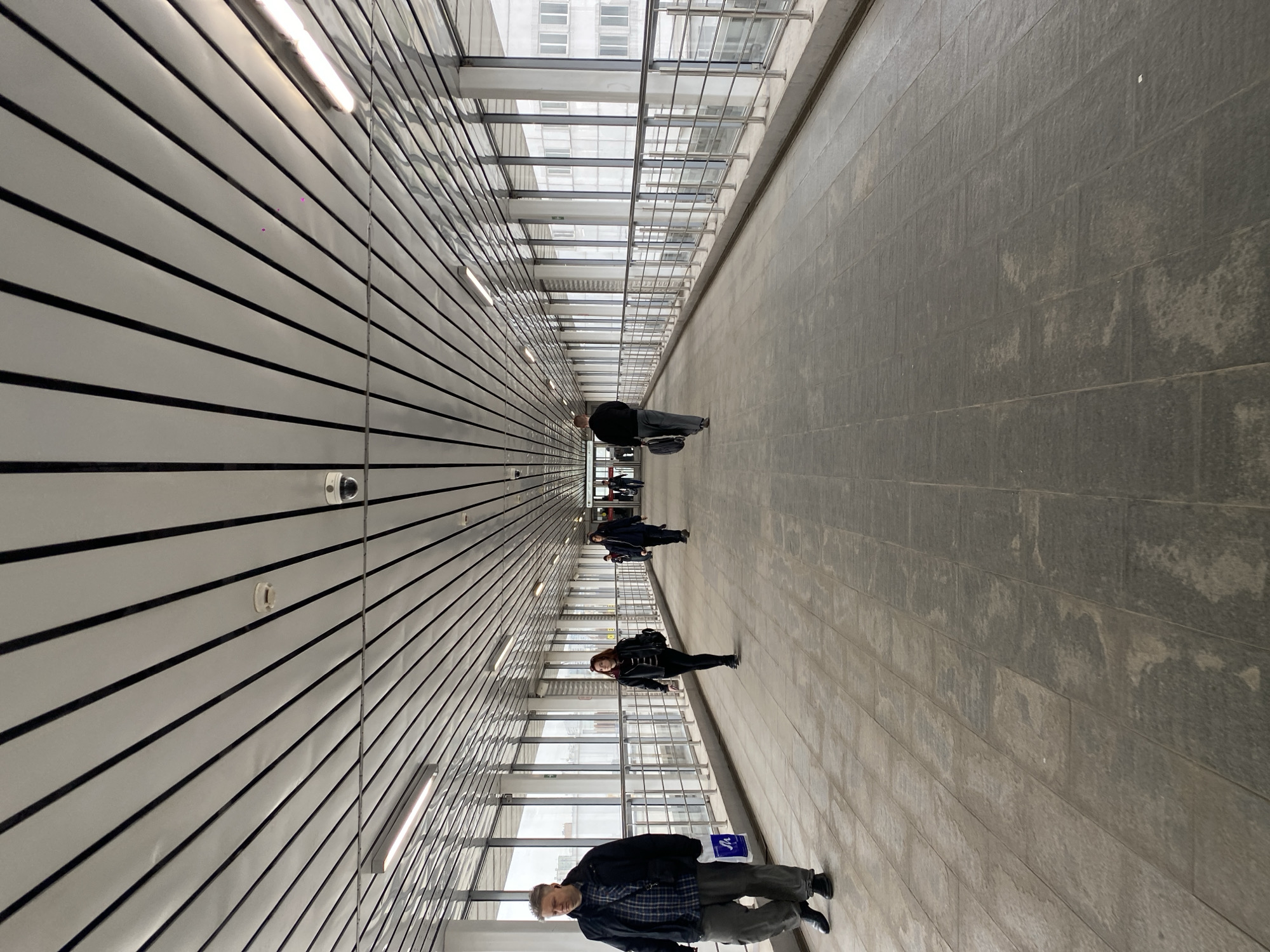 The image depicts an interior pedestrian walkway in Dolgoprudny, Russia. The walkway is characterized by a light-colored ceiling and wall lined with horizontal black stripes, and a light gray tiled floor. The walkway features a glass ceiling structure along its length, offering glimpses of the city's architecture, including multi-story buildings. Several individuals are walking along the walkway. They are dressed in casual wear, with at least one wearing a mask. The lighting is a mix of natural light from the glass ceiling and artificial lighting from the ceiling fixtures. The scene is clean and orderly.