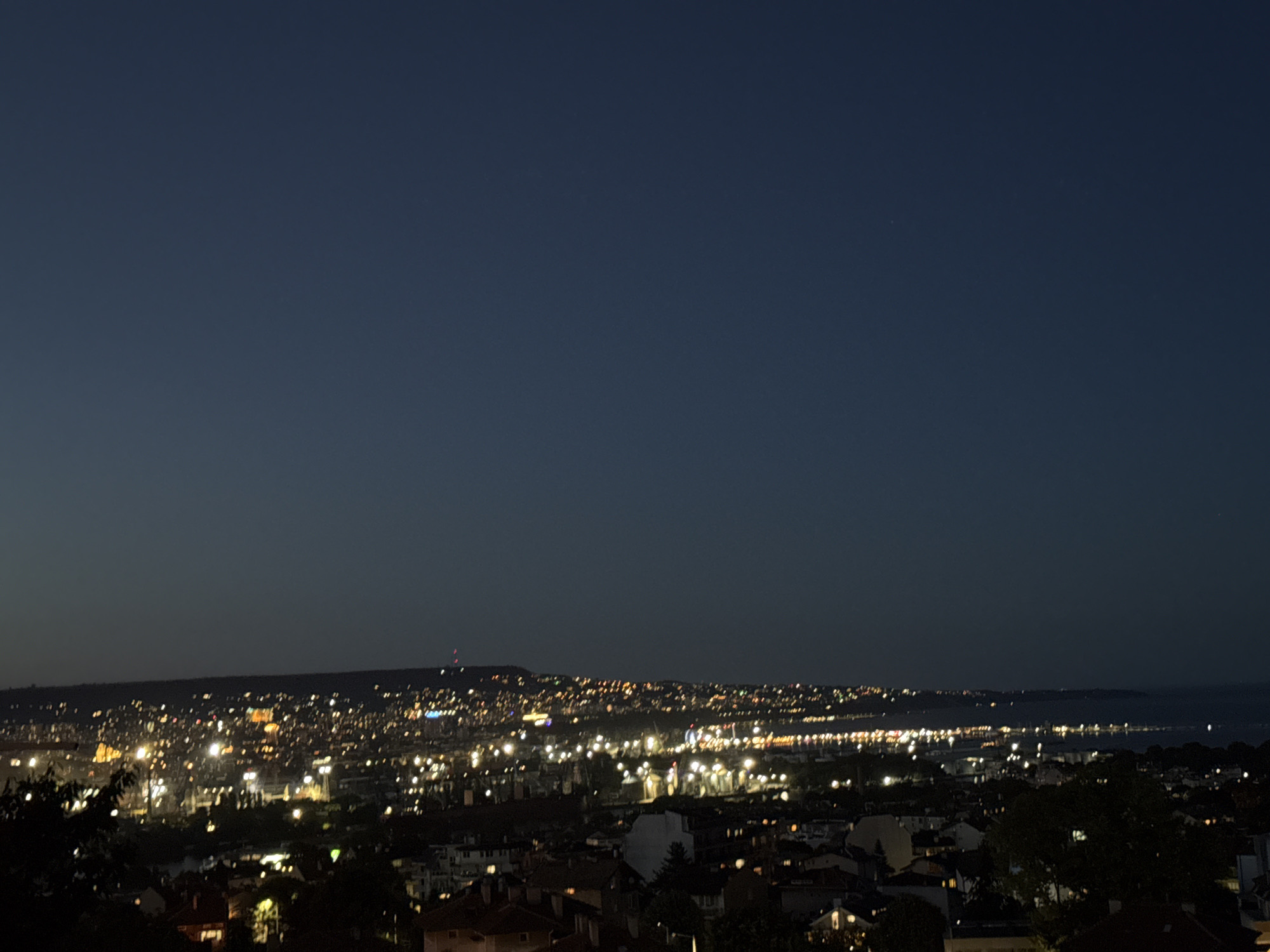 An aerial, wide-angle, long-shot photograph captures a sprawling city illuminated by countless lights against a dark, twilight sky. The city stretches across a gentle slope, its buildings a dense tapestry of warm yellow, white, and orange lights. The lights are blurred, indicating a long exposure or a distant perspective. In the foreground, dark silhouettes of trees and rooftops are visible, suggesting the viewpoint is from a higher elevation overlooking the cityscape. The horizon line is marked by the distant glow of the city meeting a dark body of water, possibly the sea or a large bay. The sky is a deep, muted blue, transitioning to a lighter gradient near the horizon, with a few faint stars visible. The overall impression is one of a vibrant, active city at dusk or night.