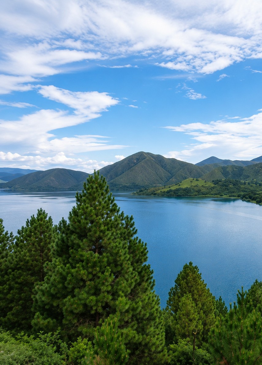 The image depicts a serene natural landscape dominated by a vast, calm body of water reflecting a bright blue sky filled with scattered white clouds. The foreground is lush with evergreen trees, their dense green foliage creating a natural frame. Beyond the trees, rolling green hills and mountains rise in the distance, their slopes covered in vegetation. The overall scene is one of tranquility and natural beauty, suggesting a remote and peaceful location. The reference to Turpuk Sihotang, Indonesia, implies this is a picturesque vista within that region.