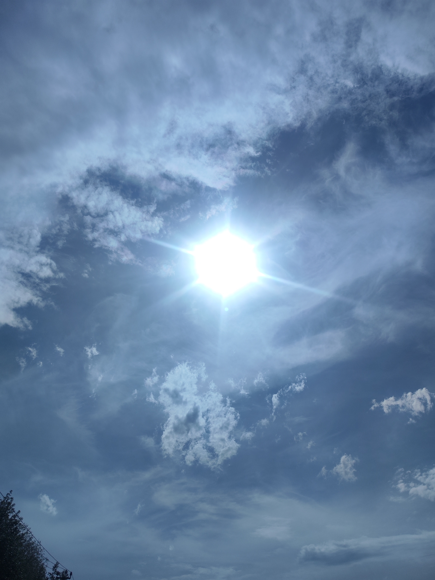 The image shows a view of the sky in the city of Chaikovsky, Russia. The sun is bright and centered in the frame, surrounded by thin, scattered clouds. The clouds are predominantly light grey and white, with some areas appearing darker. The overall sky color is a light blue. In the lower left corner of the image, there are hints of trees or vegetation. There are no people or other objects visible in the image.