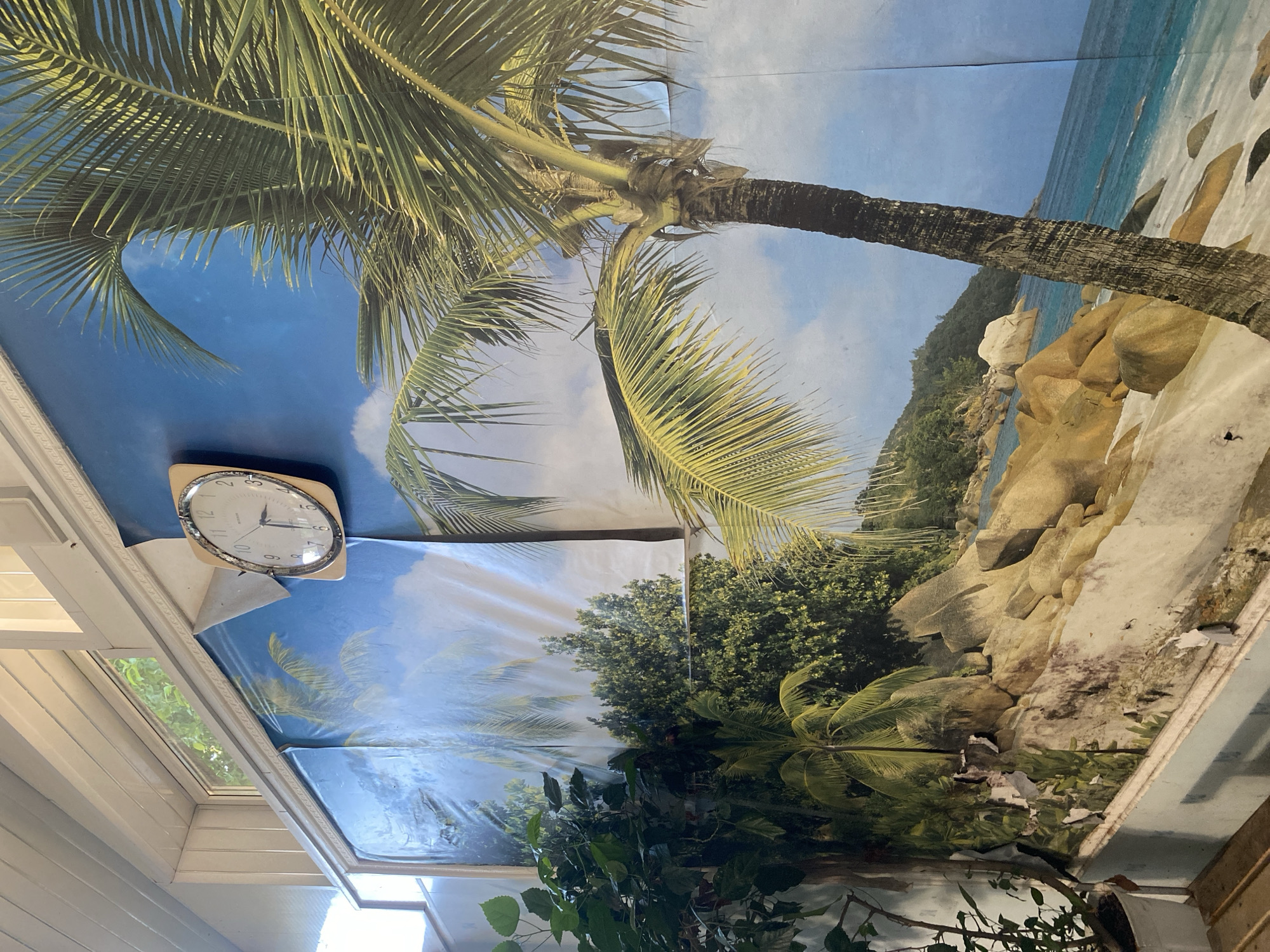 The image shows a wall with a tropical mural depicting a beach scene with palm trees and the ocean. A clock is mounted on the mural. To the left of the mural, there is a window and some potted plants. The mural is partially peeling off the wall, revealing the underlying structure. The scene is likely indoors, possibly in a building with a view of some greenery through the window. No people are visible in the image. The overall impression is of an interior space decorated with a tropical theme. The mention of Volzhsk, Russia, in the prompt is not supported by any visual evidence within the image itself.