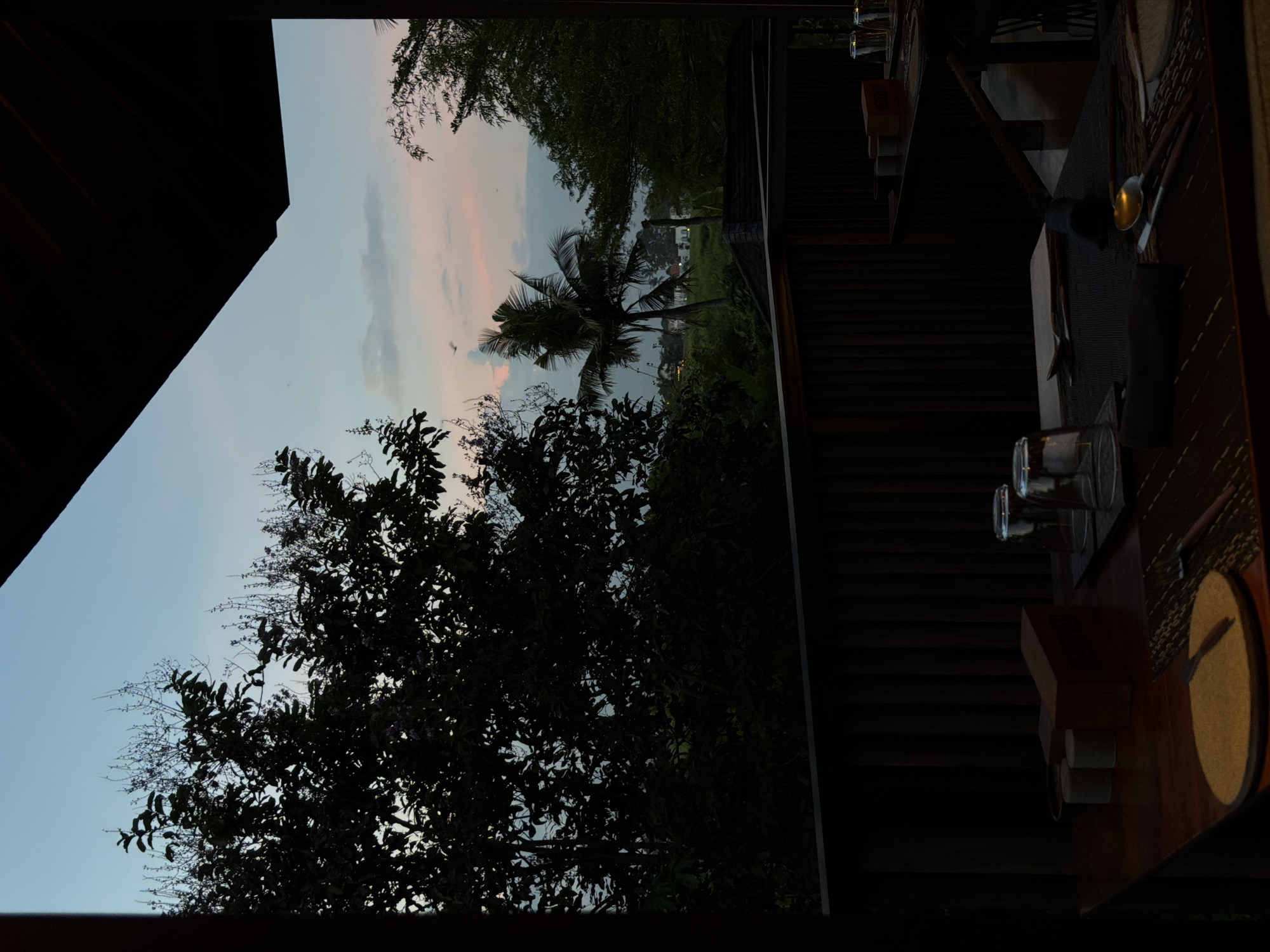 The image presents a view from what appears to be an indoor dining area, likely a restaurant, in Kediri, Indonesia. The exterior is characterized by lush tropical vegetation, including a palm tree silhouetted against a twilight sky with pastel hues of blue and pink. Beyond the vegetation, there is a glimpse of buildings, indicating a residential area.
Inside, a dining table is set with plates, glasses, cutlery, and dark placemats, suggesting it is prepared for customers. The lighting within the dining area is dim, contrasting sharply with the brighter outdoor scene. The roof's edge is visible at the upper left corner, indicating an architectural element of the building. No people are visible in the image. The primary focus is on the scenic contrast between the prepared dining space and the natural landscape outside.
