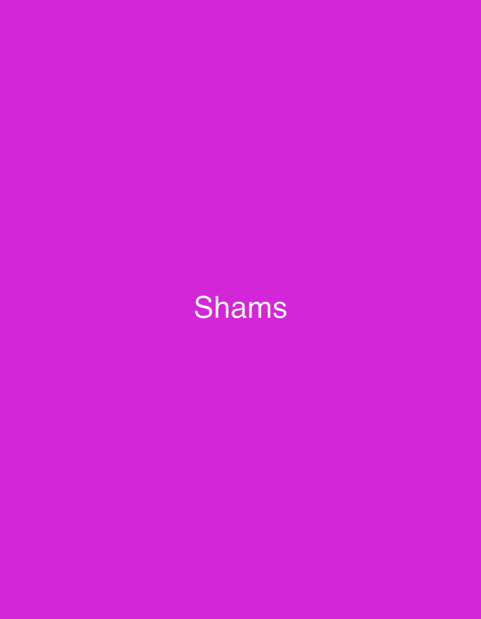 The image displays a solid magenta background devoid of any visual texture or patterns. Centrally positioned on this monochrome field is the word "Shams," rendered in white sans-serif letters. The 'S' is capitalized, while the subsequent letters 'h,' 'a,' 'm,' and 's' are lowercase. No people, additional objects, specific actions, or interactions are depicted. The environment is purely abstract, lacking any discernible geographic features, architecture, or contextual elements that would indicate a specific physical location, such as the city of Casablanca, Morocco.