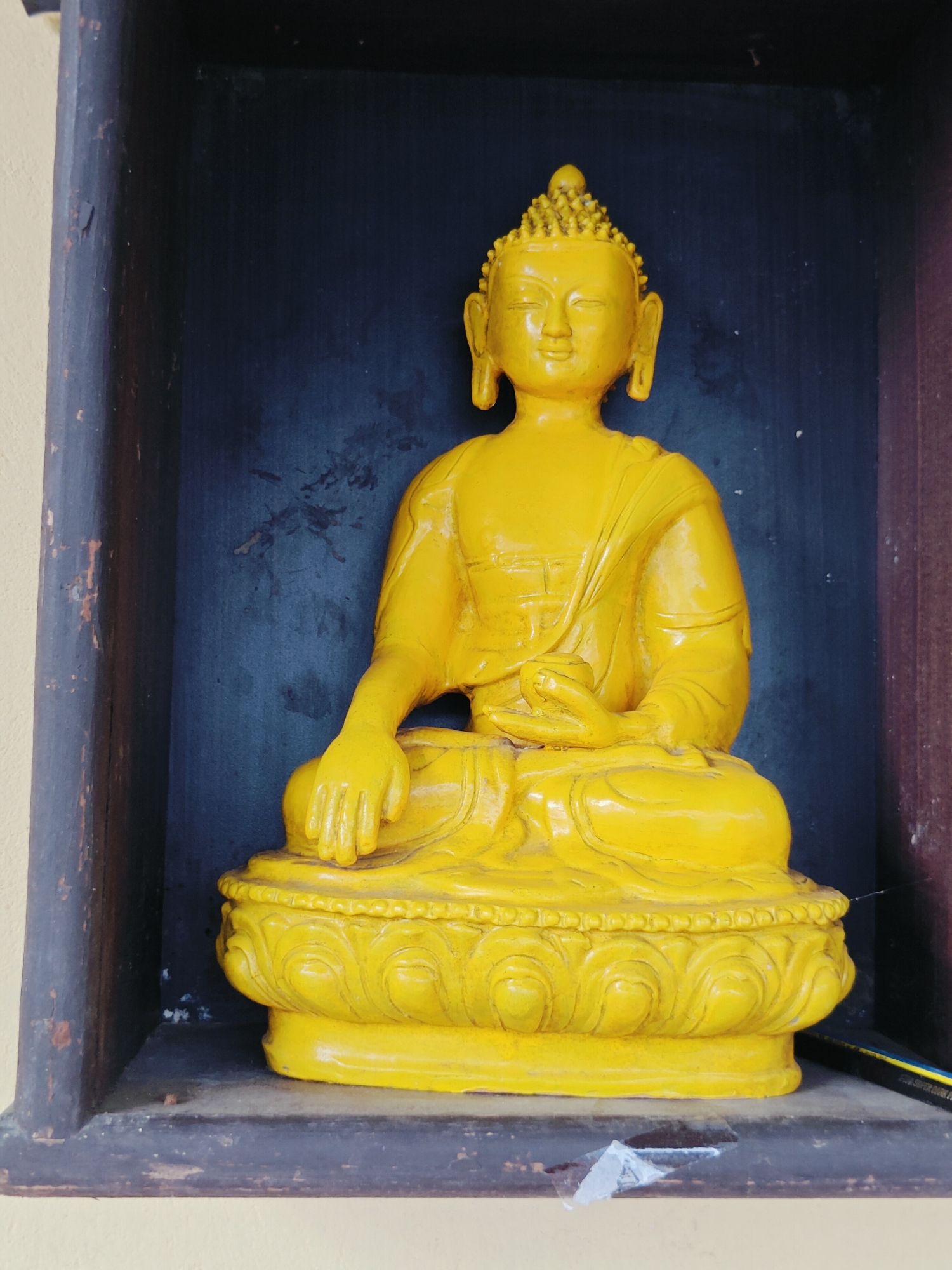 An outdoor statue of Buddha sits in a wooden niche in Pokhara, Nepal. The statue is bright yellow and depicts Buddha in a meditative pose, with his right hand resting on his lap and his left hand on his knee. The statue is seated on a lotus-shaped base, which is also yellow. The niche is dark blue and appears to be made of wood. The background is a light beige wall. The overall scene is well-lit, with natural light illuminating the statue and its surroundings. The statue is the central focus of the image, and the niche provides a sense of depth and context.