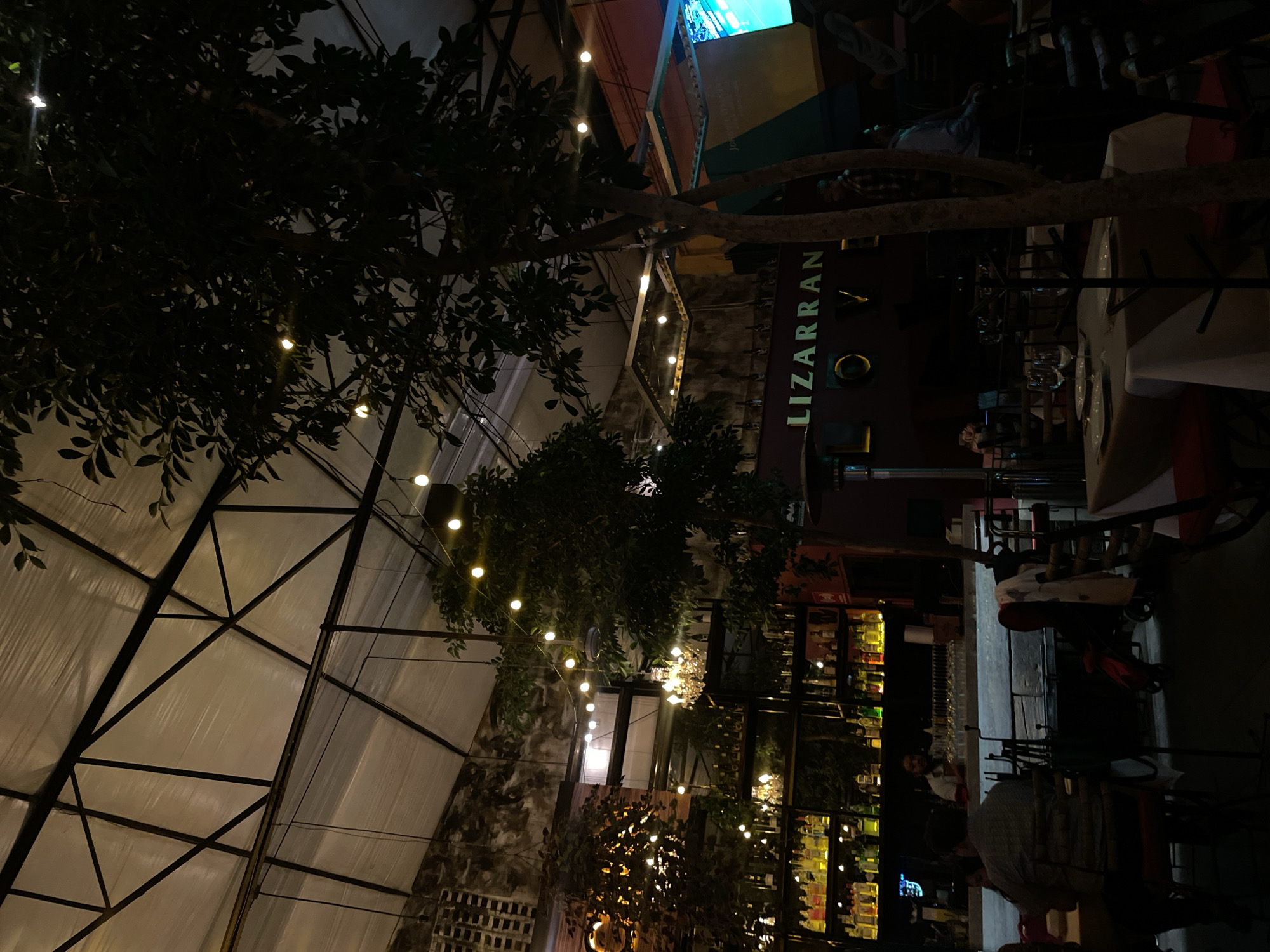 The image shows the interior of the restaurant "Lizarran" in Puebla, Mexico. The restaurant features a high ceiling with a geometric structure and a translucent covering, partially visible on the left. Trees with string lights are placed throughout the space. In the background, shelves are filled with bottles of alcohol. There are several people seated at tables, and someone walks past the bar.