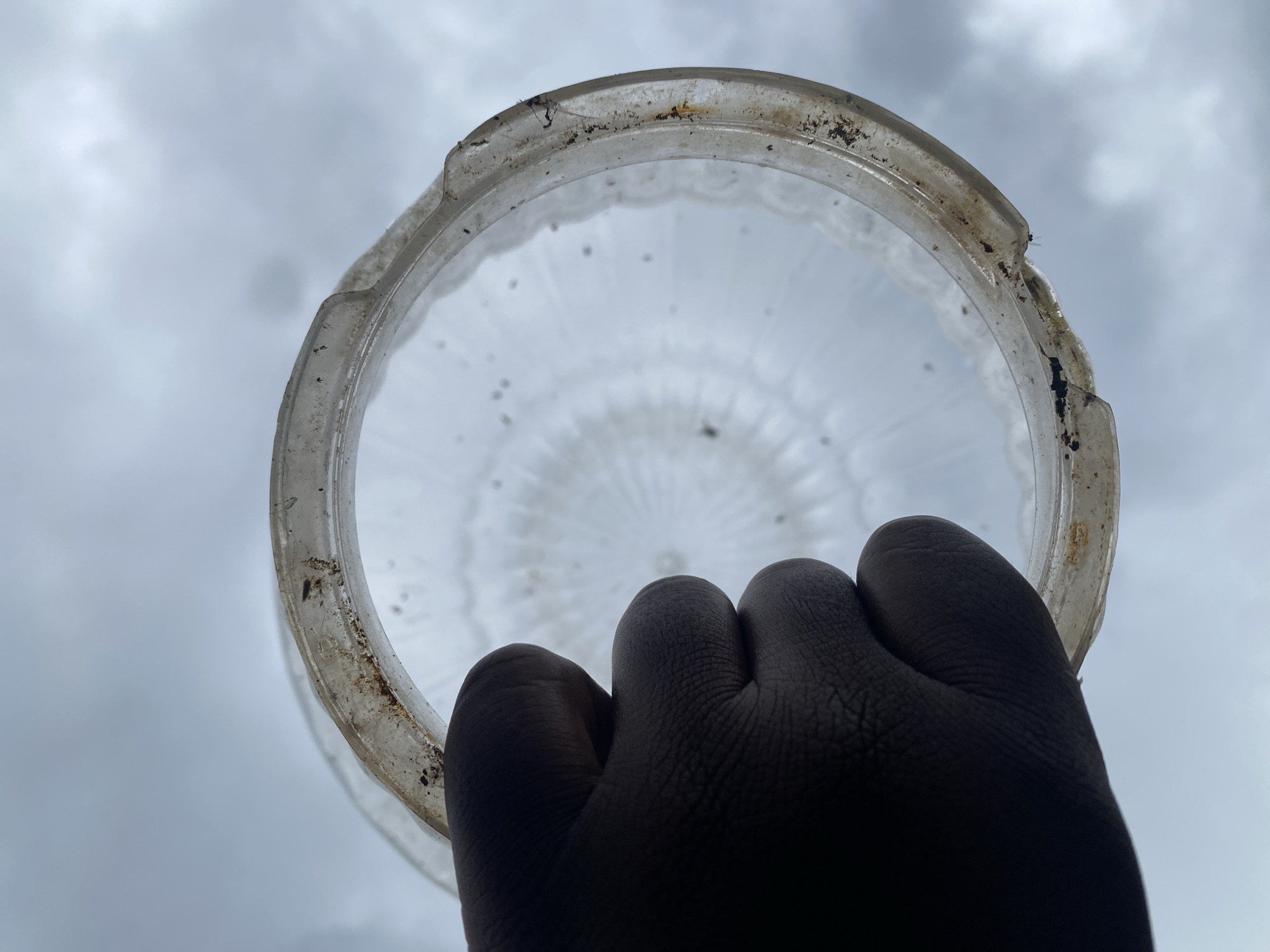 A low-angle shot reveals a person's dark-skinned hand holding a dirty, clear, possibly plastic or glass, circular object with a ridged interior and a damaged rim against a backdrop of overcast sky. The object appears to be a container or lid. Dirt and debris are visible on the object's rim. The hand is silhouetted. The location is Maigizo, Nigeria.
